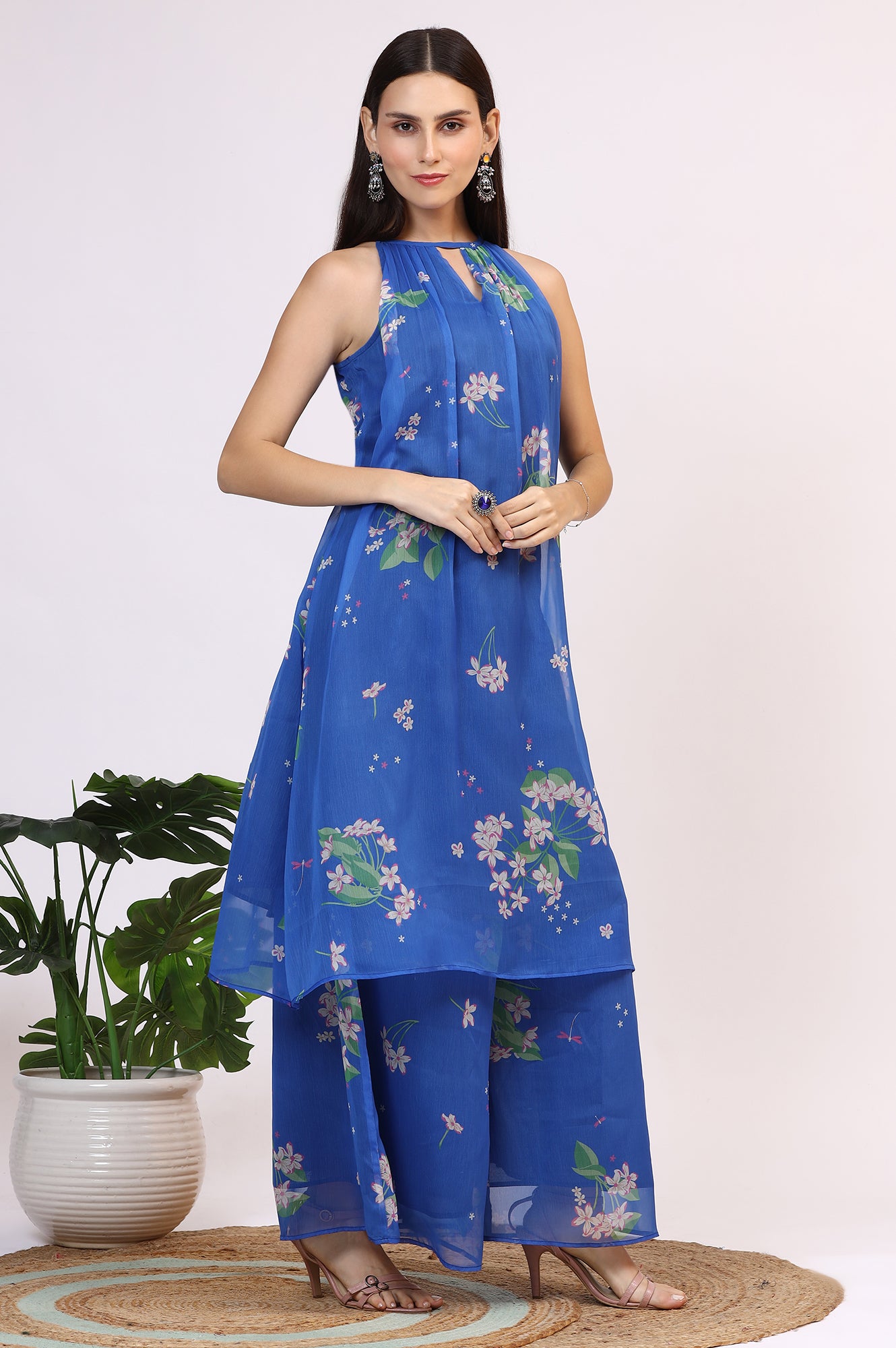 Blue Floral Printed Halter Neck Chiffon Kurta with Flared Pants and Dupatta Set