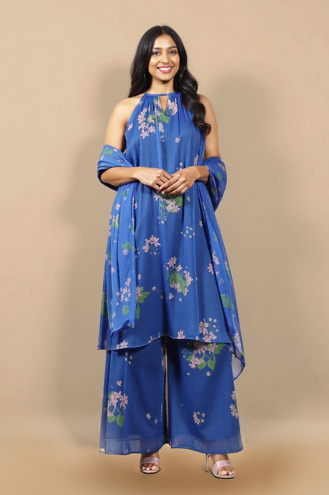 Blue Floral Printed Halter Neck Chiffon Kurta with Flared Pants and Dupatta Set
