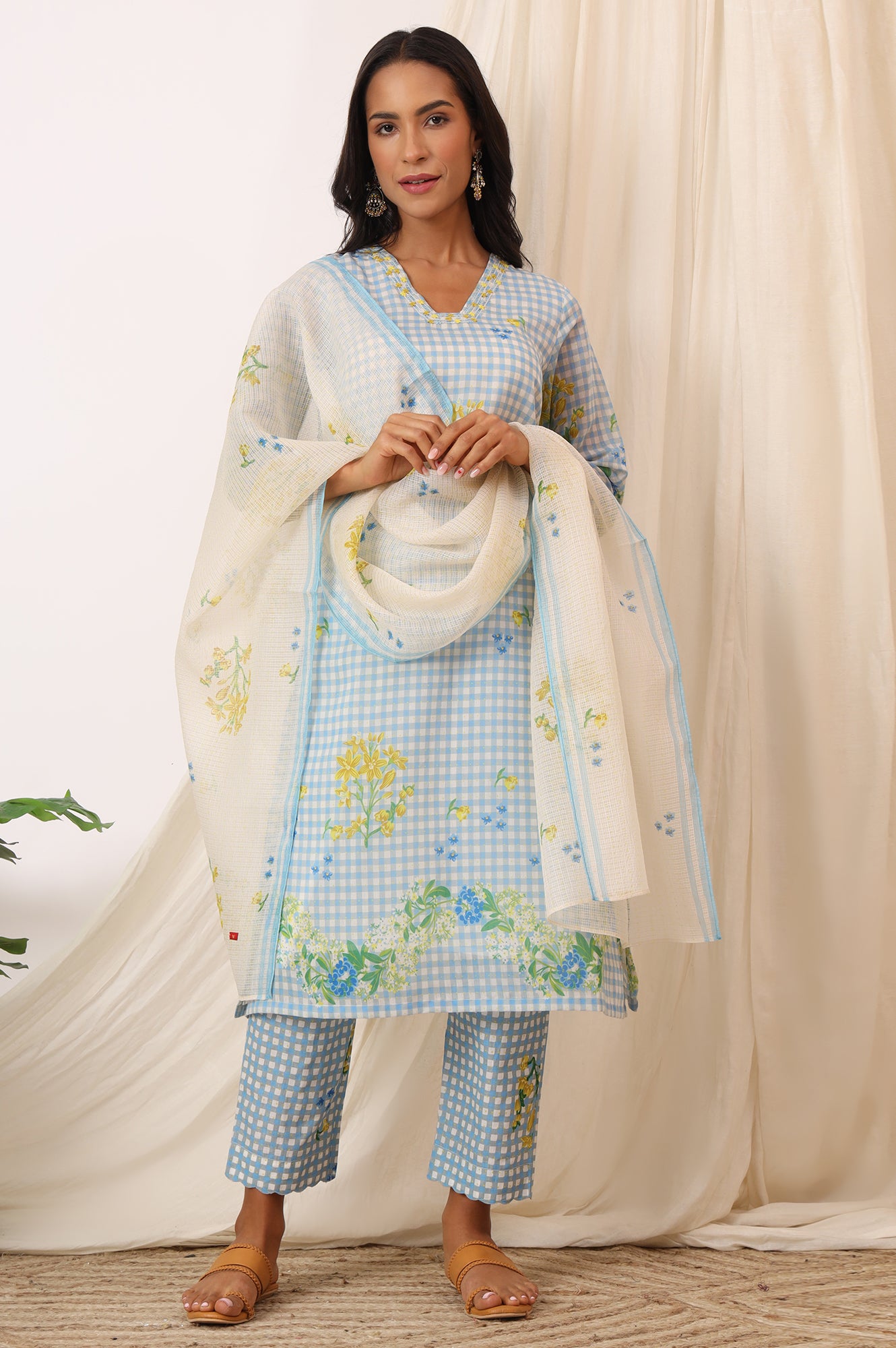 Blue Checker Chanderi Straight Kurta, Pants and Dupatta Set