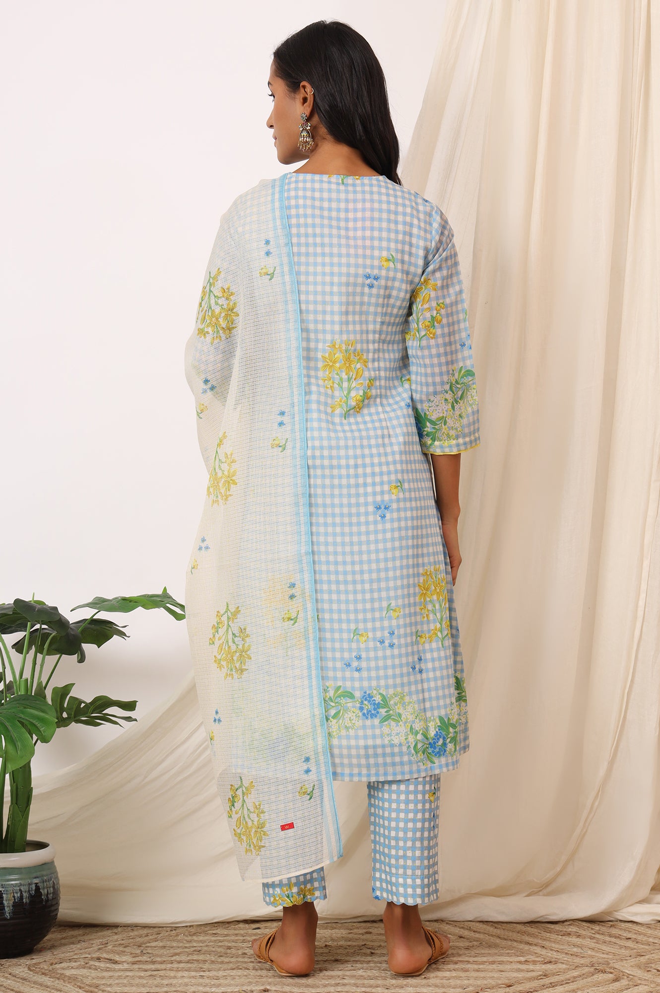 Blue Checker Chanderi Straight Kurta, Pants and Dupatta Set