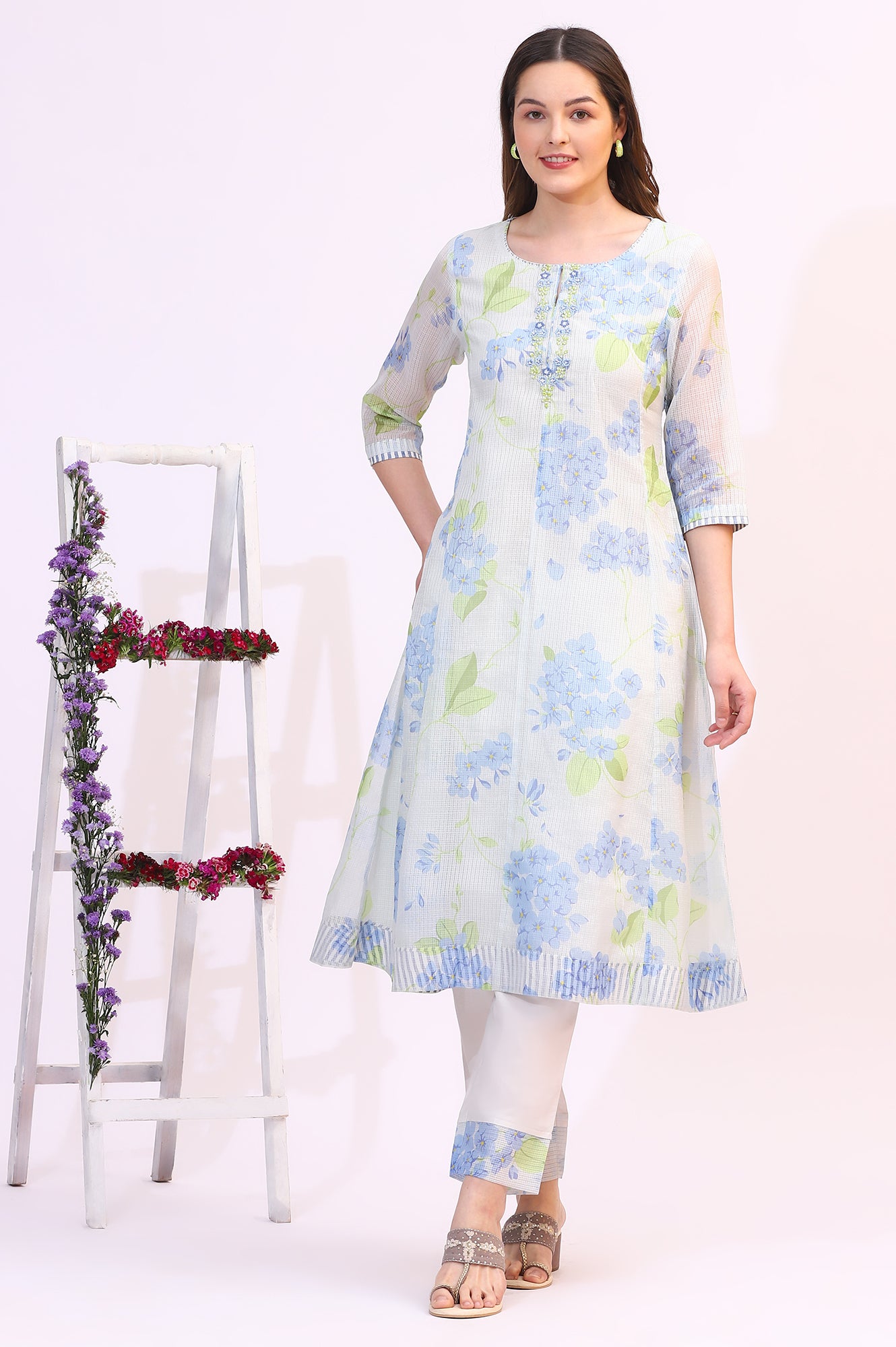 White Floral Printed Flared Kota Kurta and Straight Pants Set