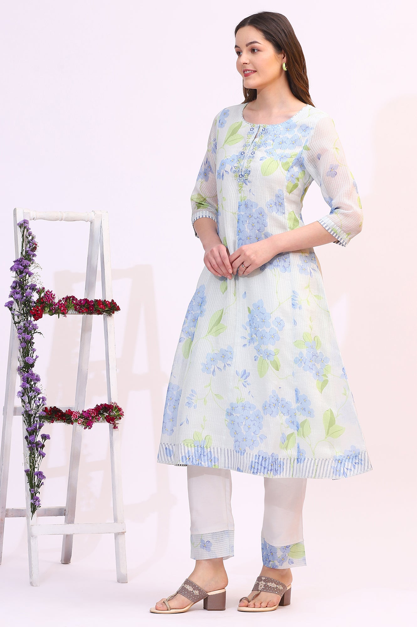 White Floral Printed Flared Kota Kurta and Straight Pants Set