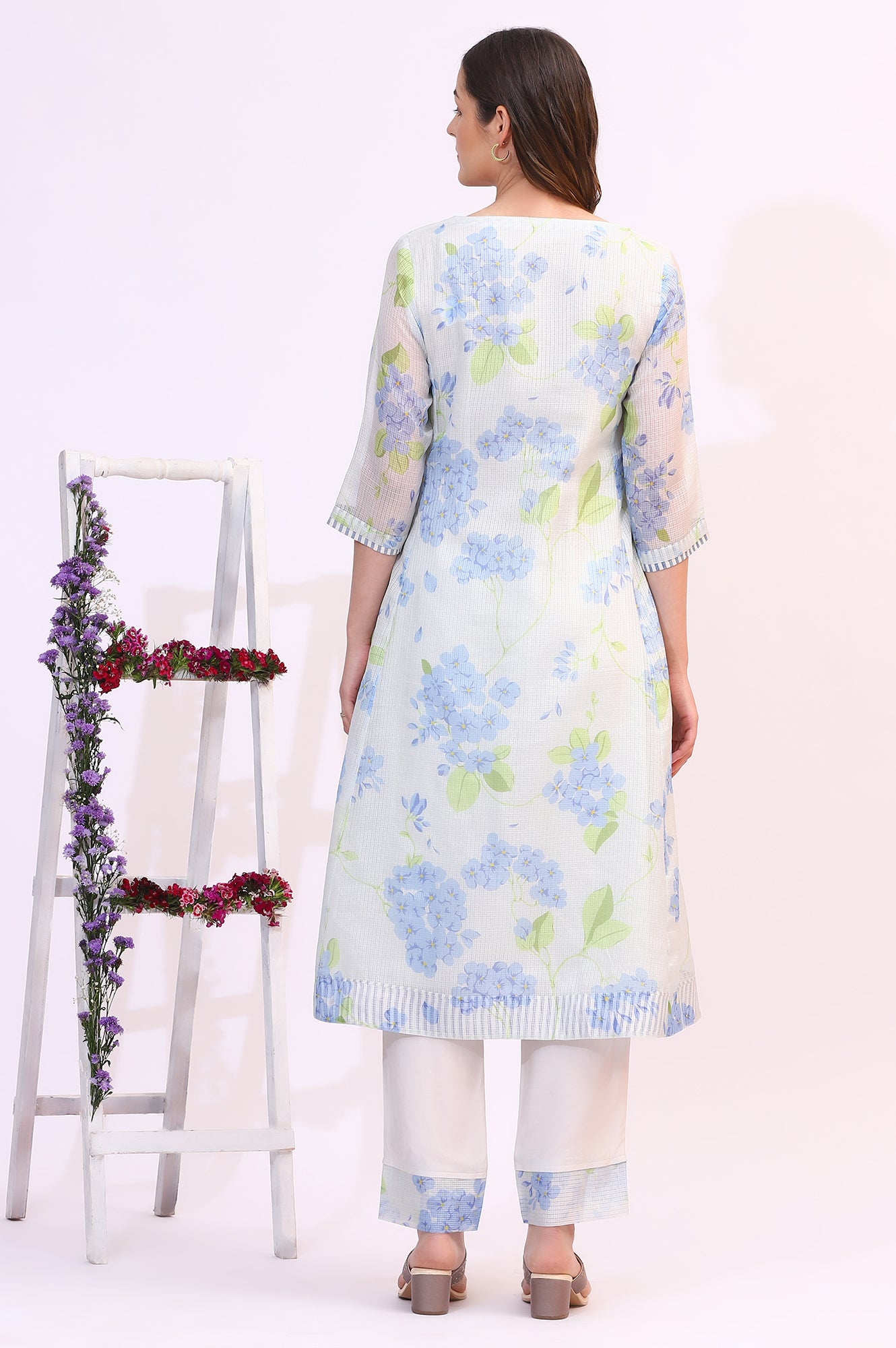 White Floral Printed Flared Kota Kurta and Straight Pants Set