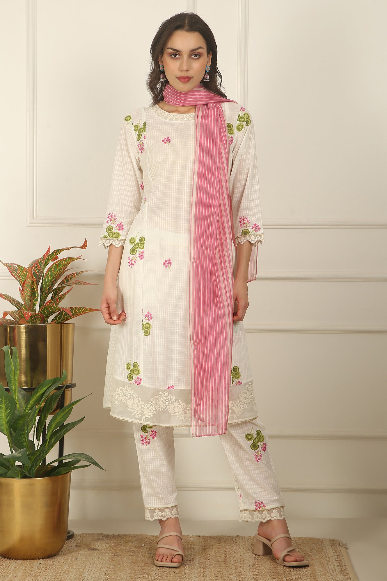 White Floral Printed Checker Cotton A-line Kurta, Pants and Dupatta Set