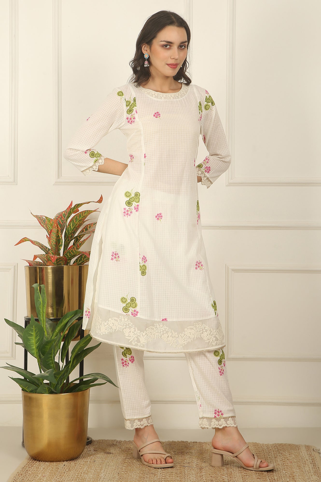 White Floral Printed Checker Cotton A-line Kurta, Pants and Dupatta Set