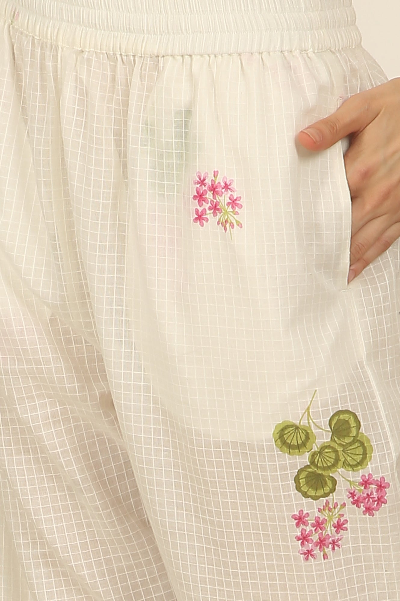 White Floral Printed Checker Cotton A-line Kurta, Pants and Dupatta Set