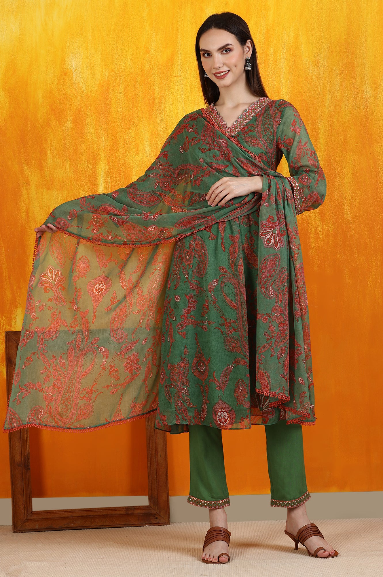 Green Printed Emroidered Chiffon Flared Kurta and Pants Set with Dupatta
