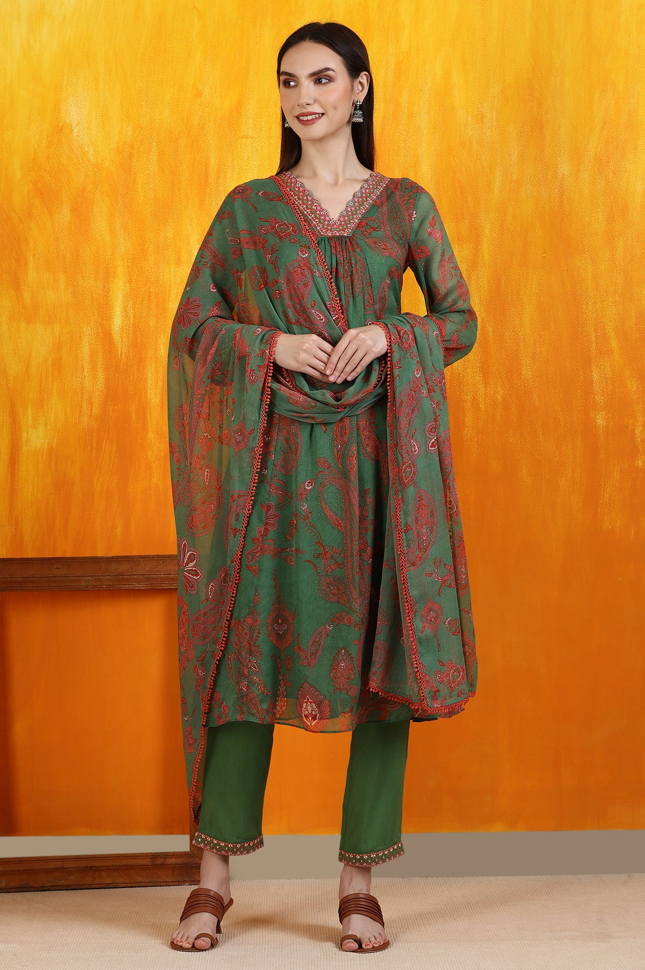 Green Printed Emroidered Chiffon Flared Kurta and Pants Set with Dupatta