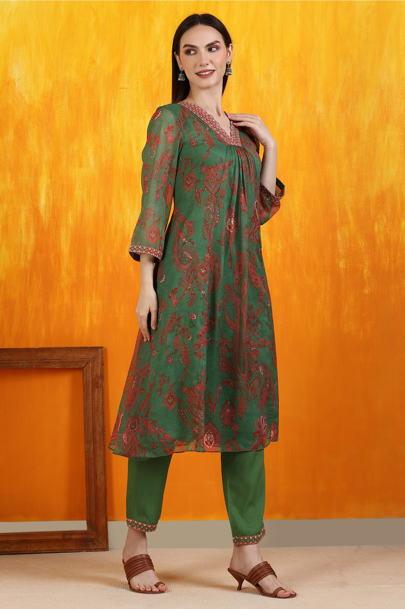 Green Printed Emroidered Chiffon Flared Kurta and Pants Set with Dupatta