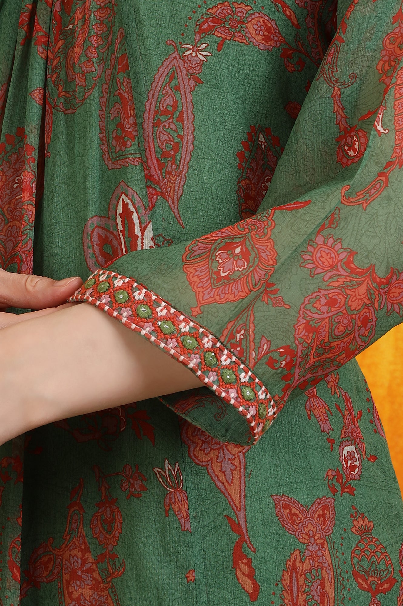 Green Printed Emroidered Chiffon Flared Kurta and Pants Set with Dupatta