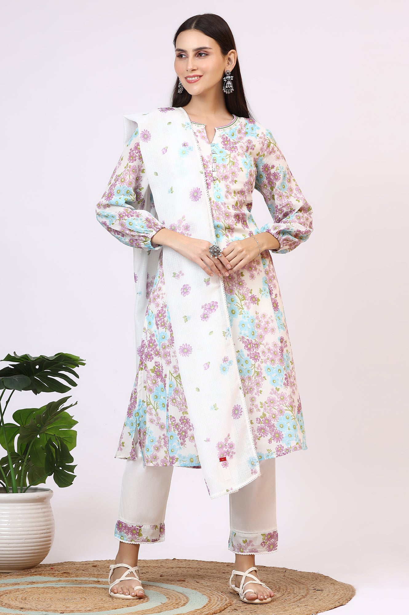 White Floral Printed Crinkle Cotton Flared Kurta, Pants and Dupatta Set