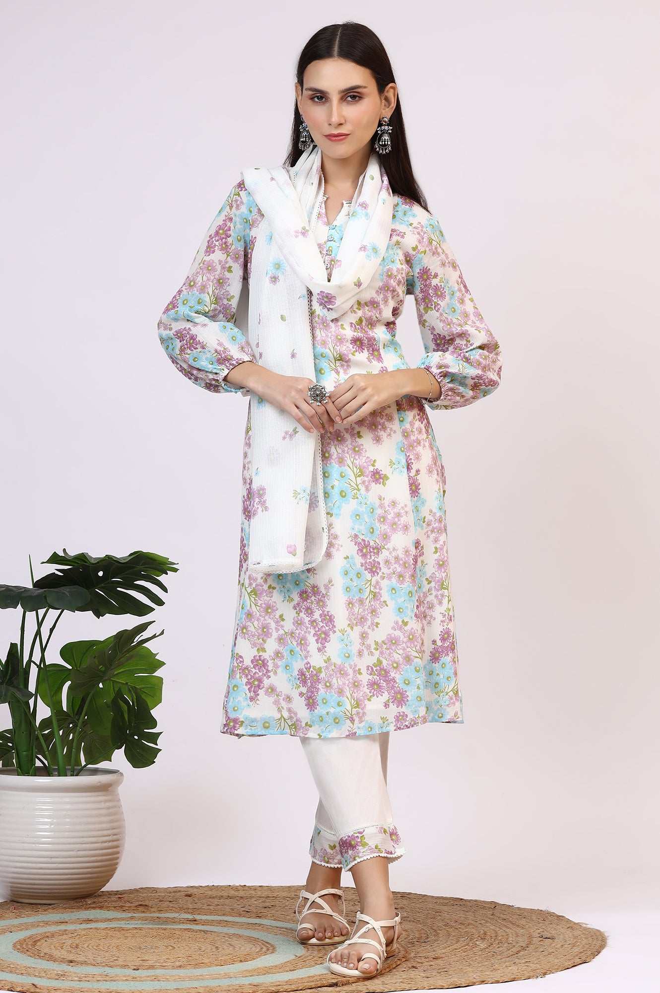 White Floral Printed Crinkle Cotton Flared Kurta, Pants and Dupatta Set