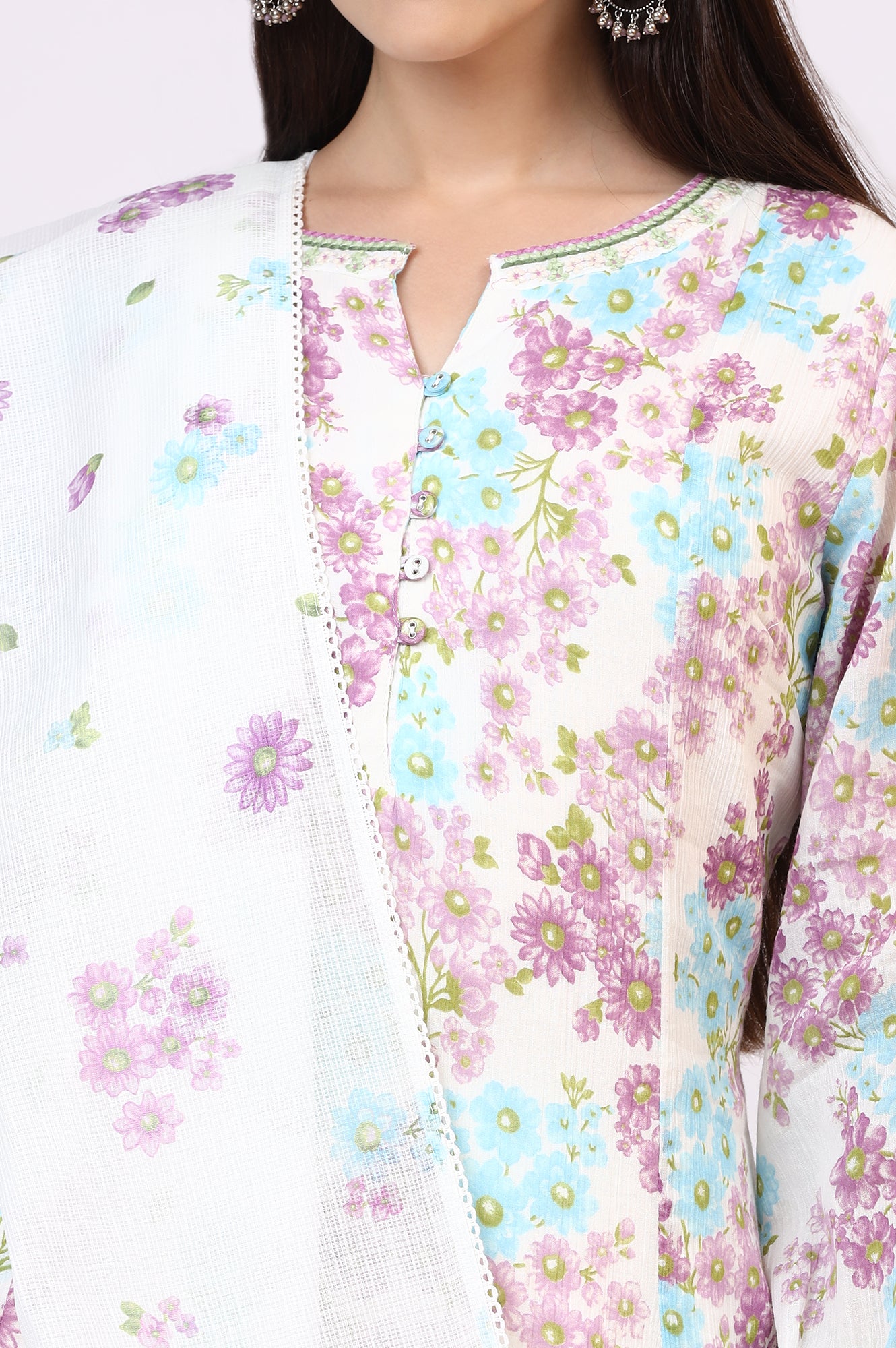 White Floral Printed Crinkle Cotton Flared Kurta, Pants and Dupatta Set