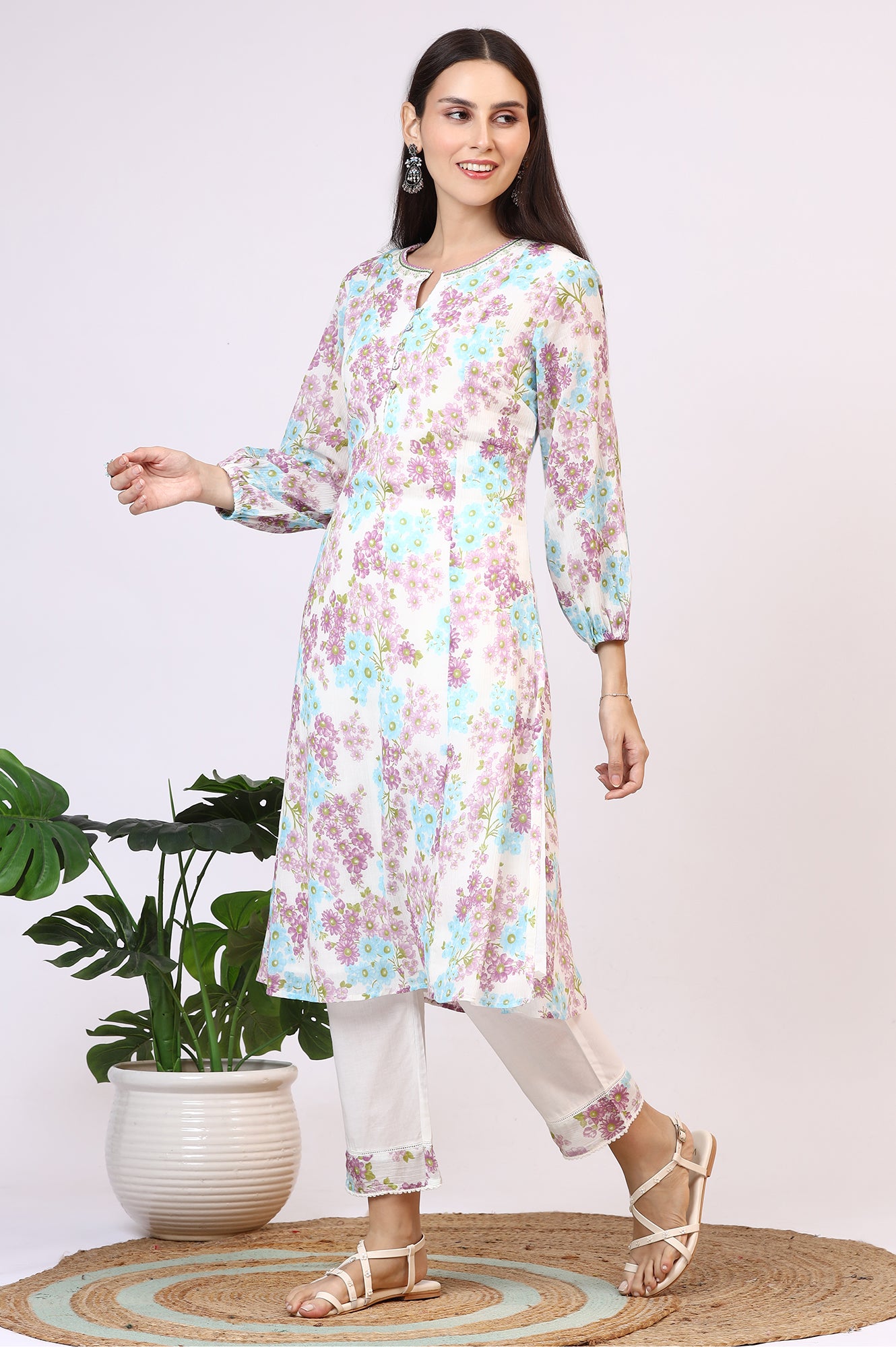 White Floral Printed Crinkle Cotton Flared Kurta, Pants and Dupatta Set