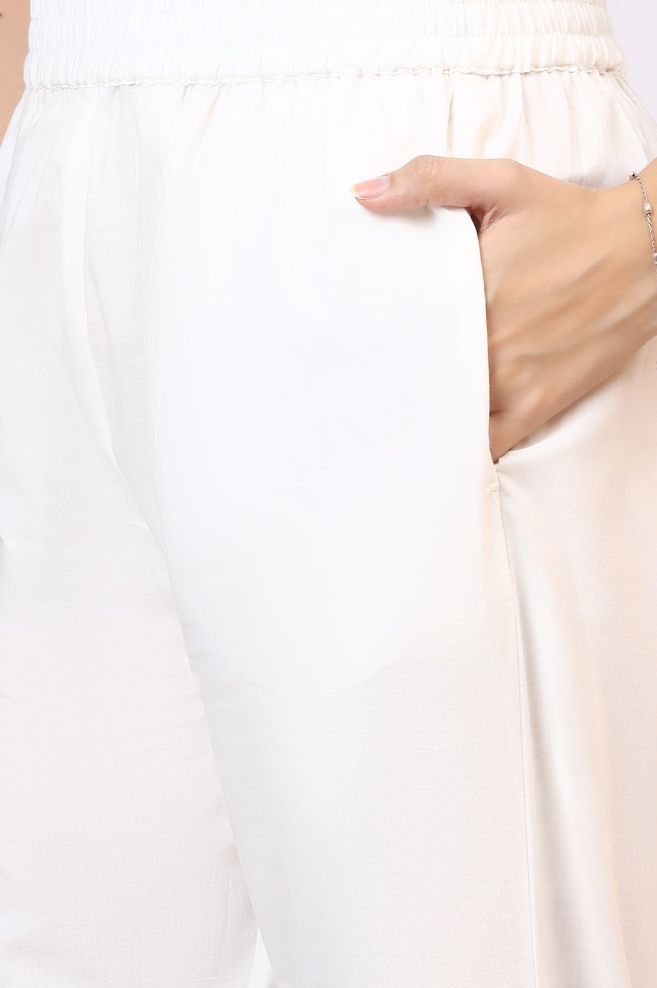 White Floral Printed Crinkle Cotton Flared Kurta, Pants and Dupatta Set