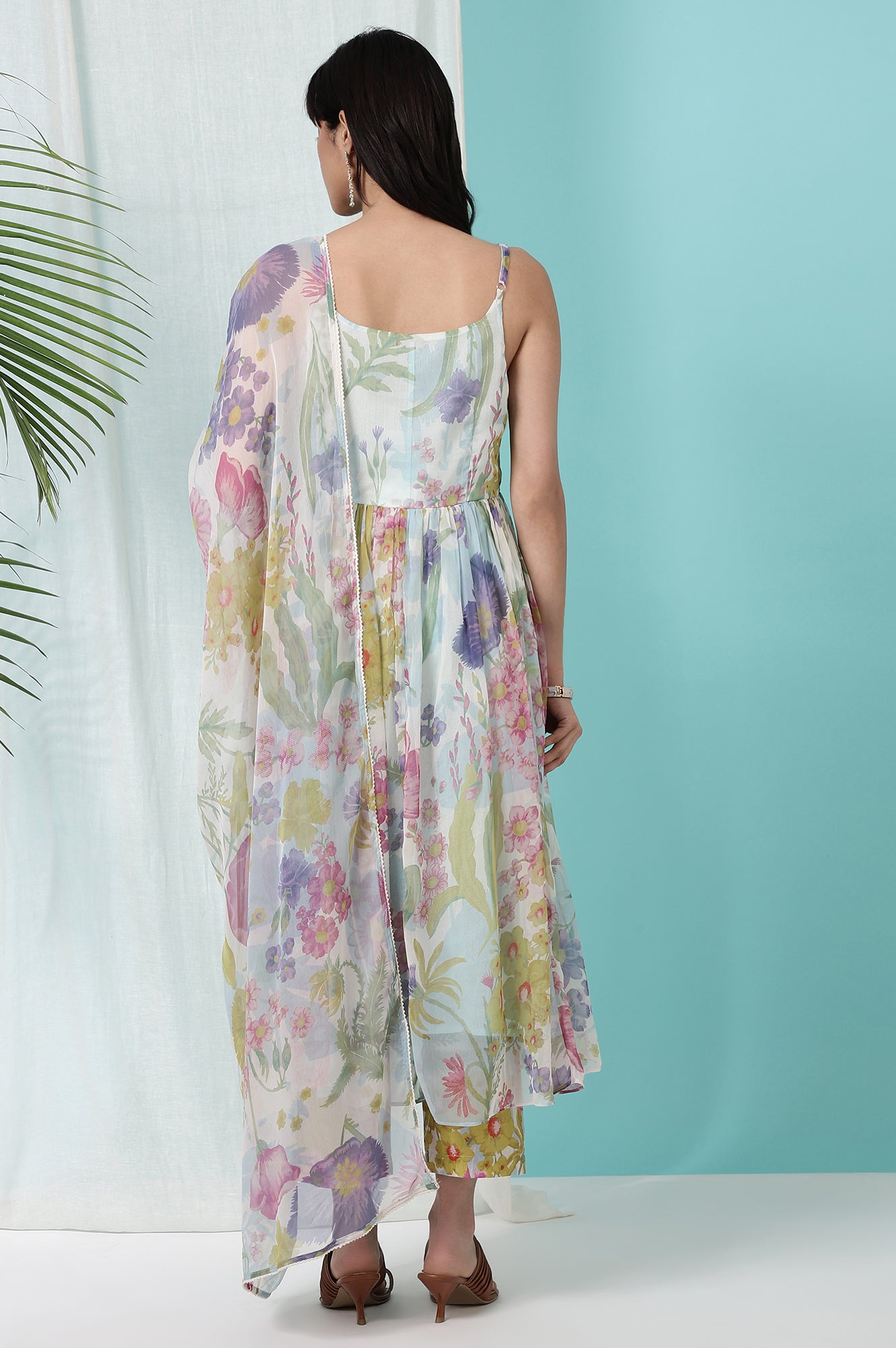 Light Blue Floral Printed Sleeveless Chiffon Kurta with Pants and Dupatta Set