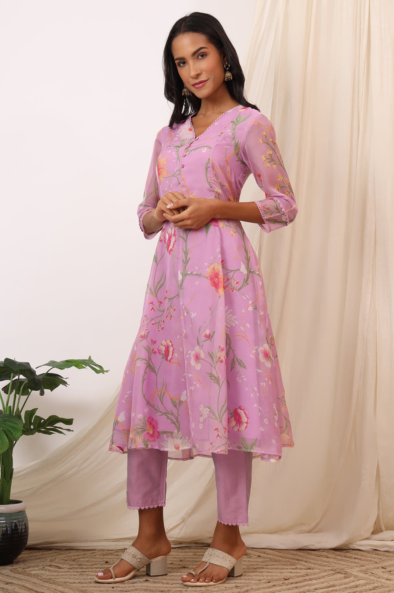Lilac Floral Printed Flared Kurta with Pants and Dupatta Set