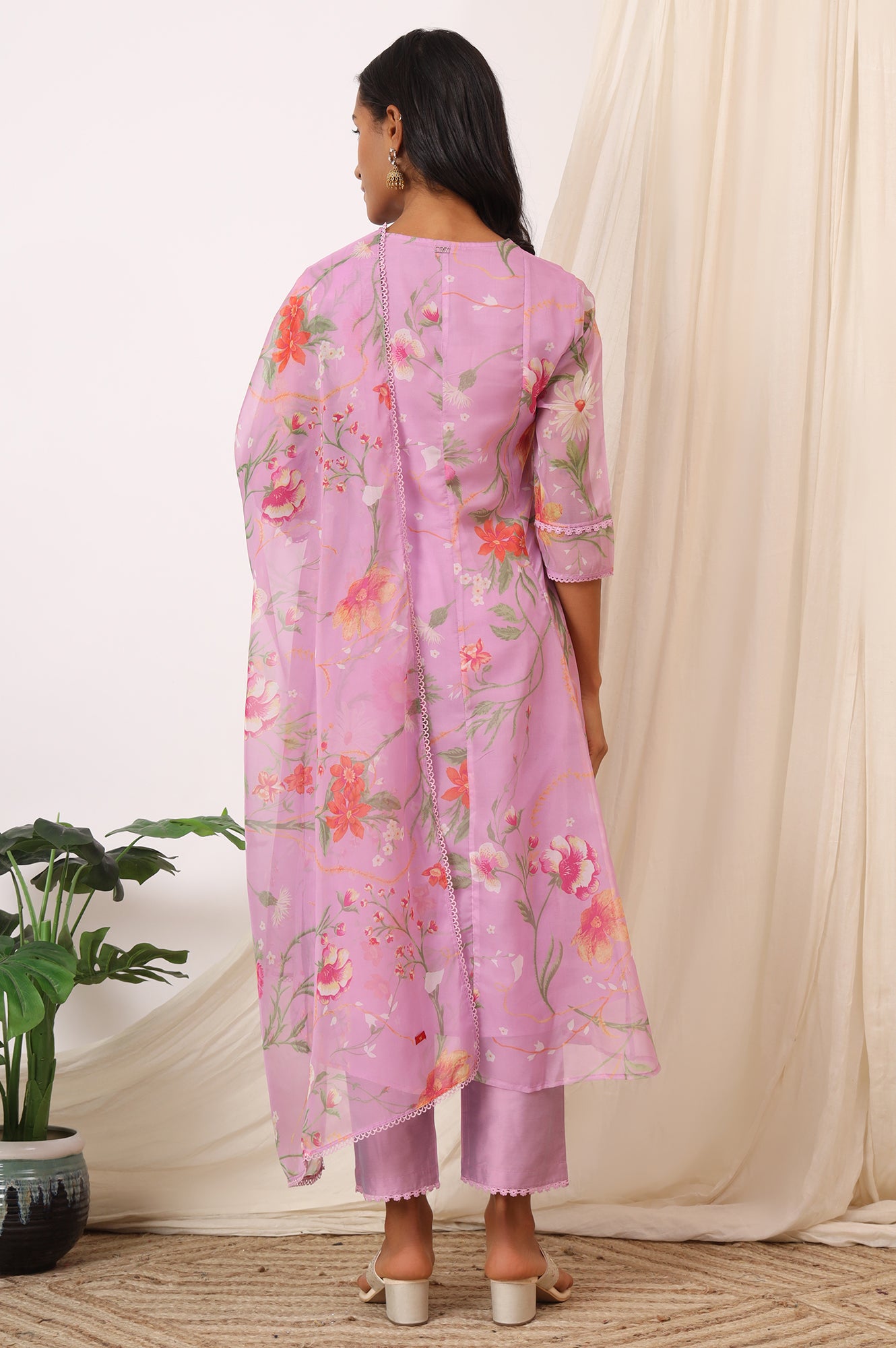 Lilac Floral Printed Flared Kurta with Pants and Dupatta Set