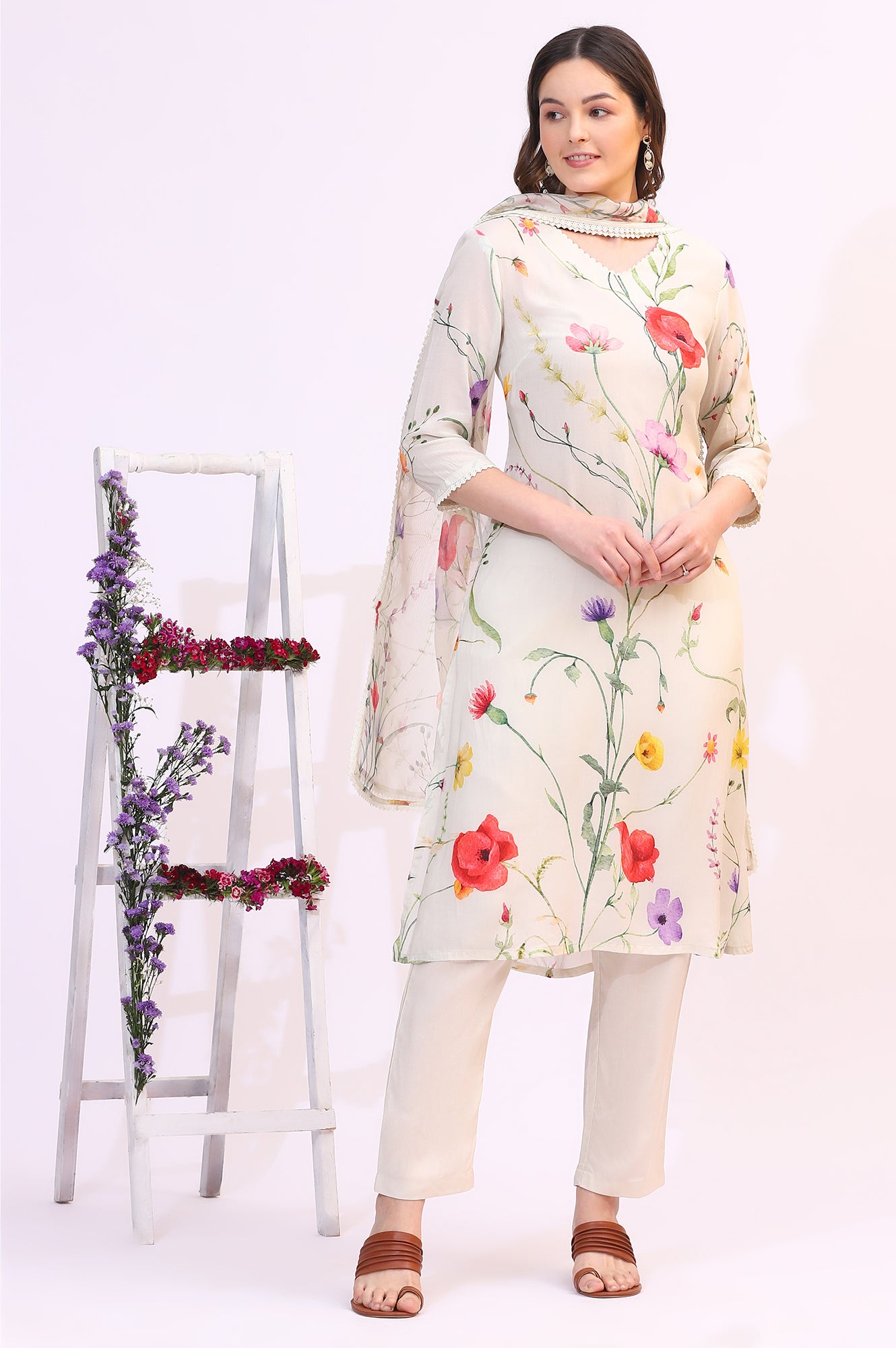 Cream Bold Floral Printed Modal Straight Kurta, Pants and Dupatta Set