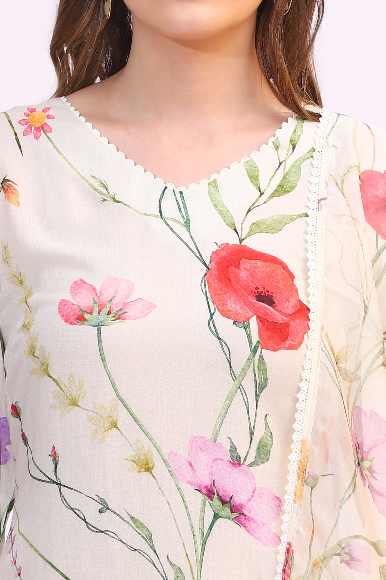 Cream Bold Floral Printed Modal Straight Kurta, Pants and Dupatta Set