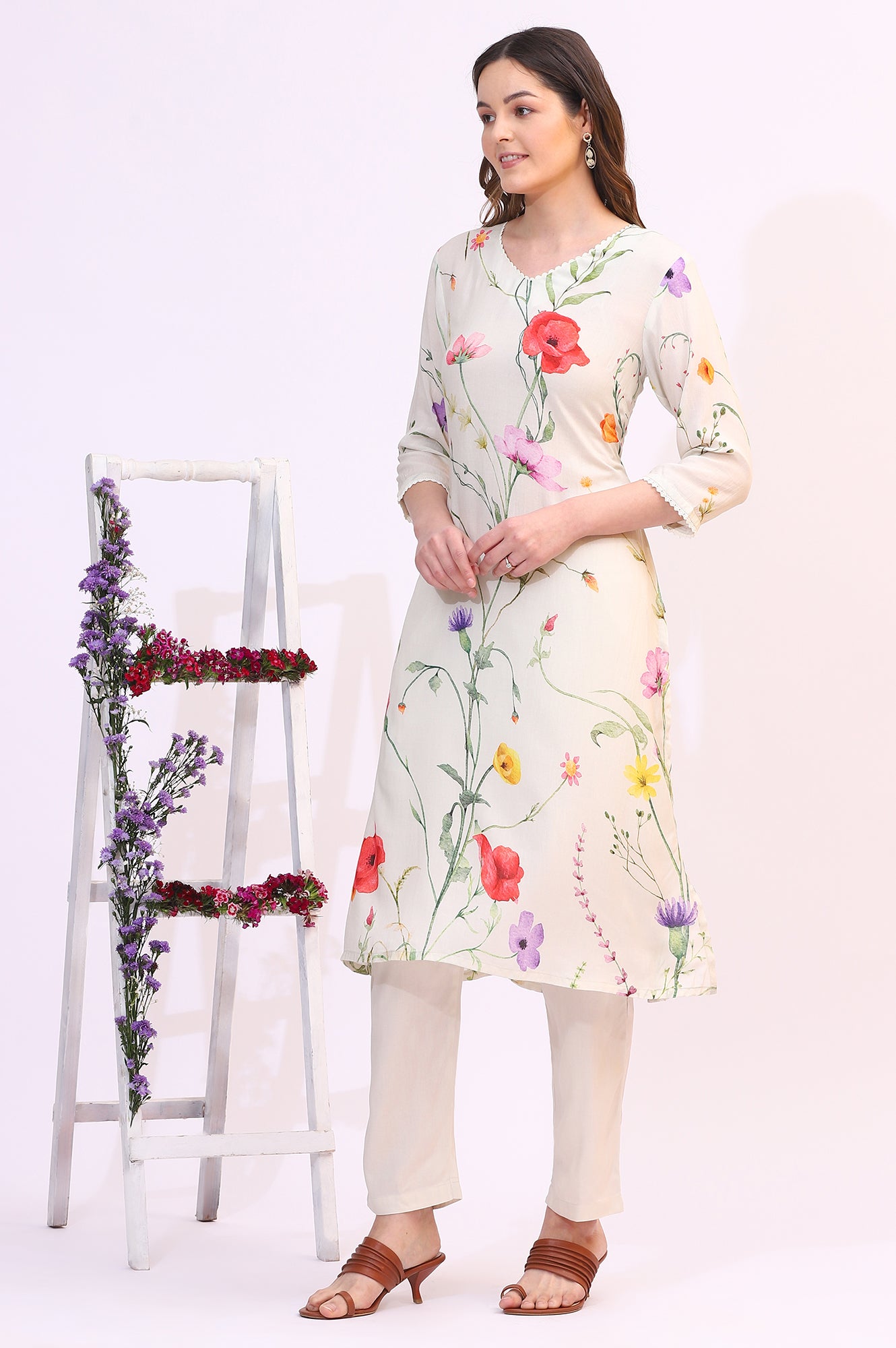 Cream Bold Floral Printed Modal Straight Kurta, Pants and Dupatta Set