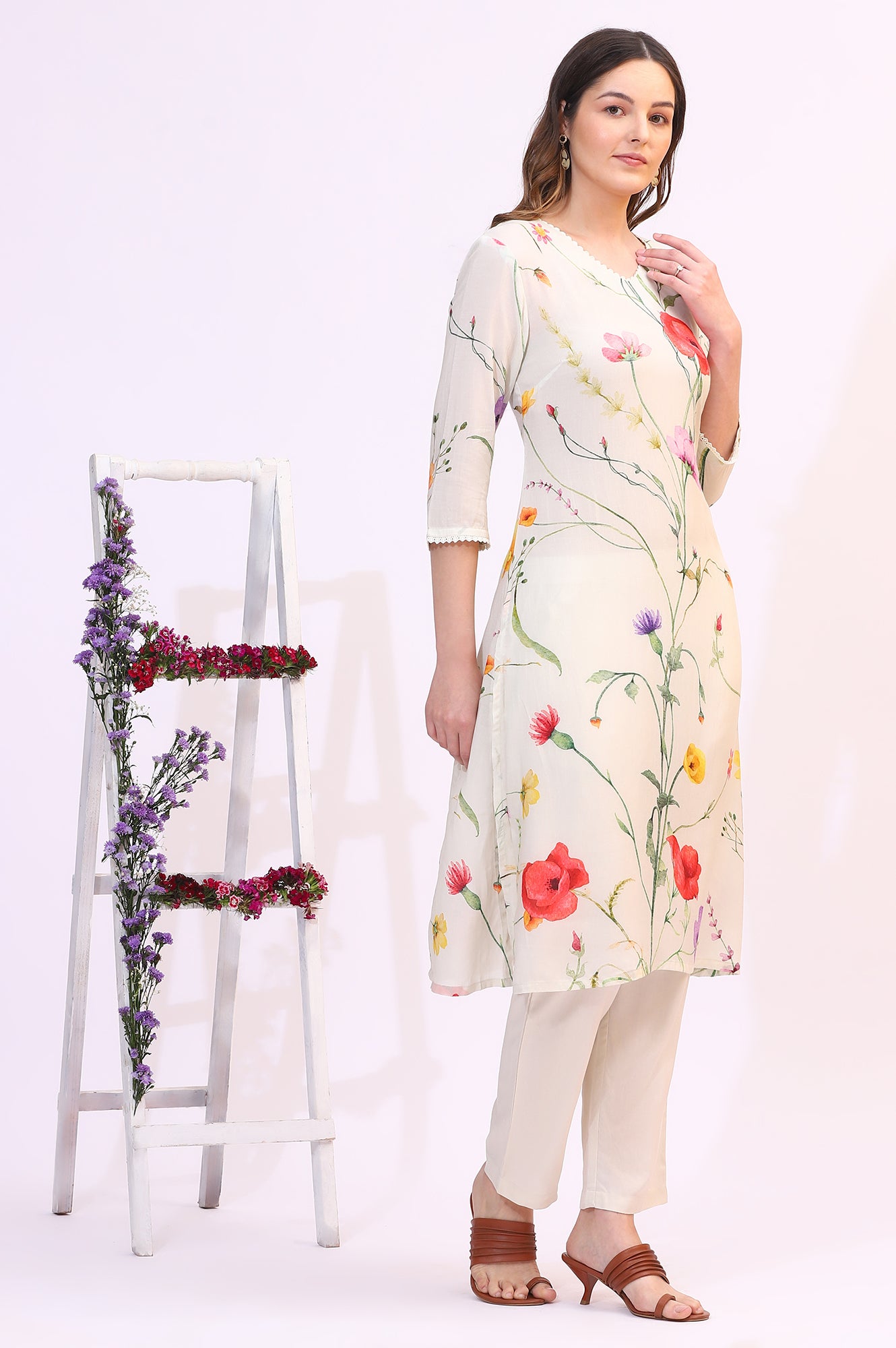 Cream Bold Floral Printed Modal Straight Kurta, Pants and Dupatta Set