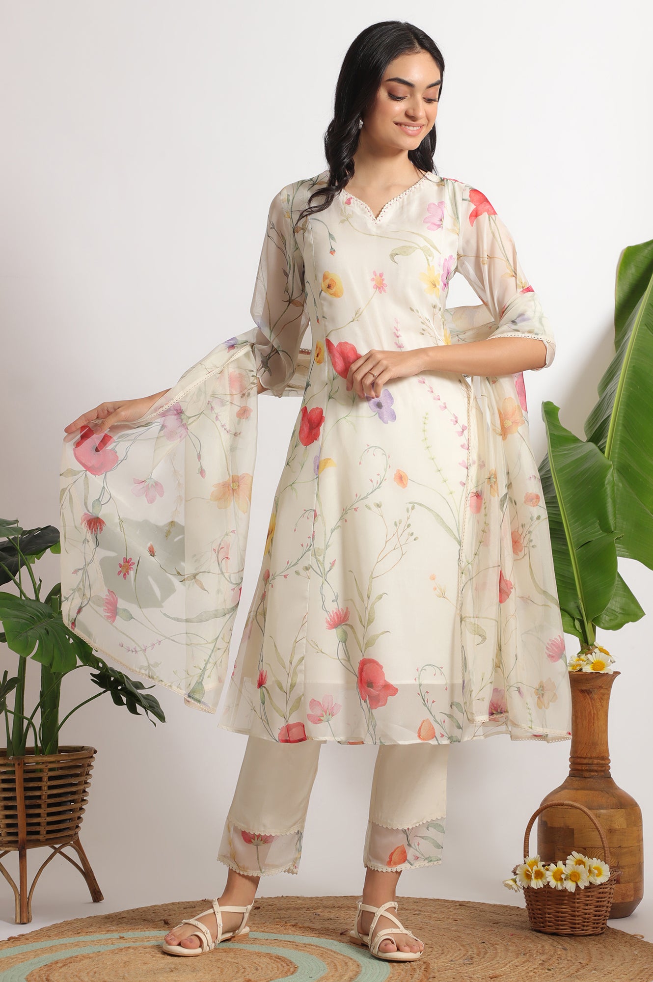 Cream Floral Printed Flared Organza Kurta, Pants and Dupatta Set