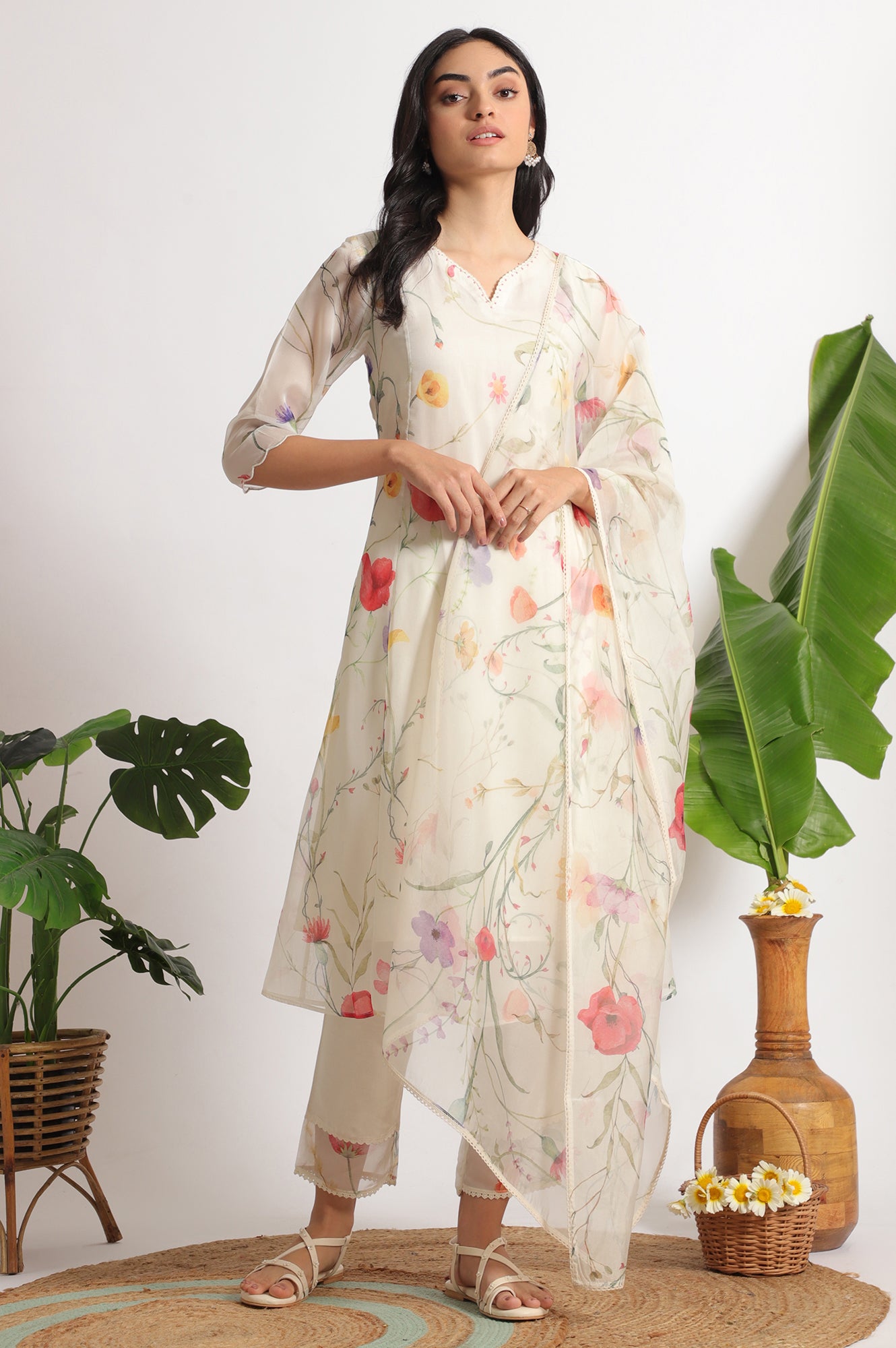 Cream Floral Printed Flared Organza Kurta, Pants and Dupatta Set