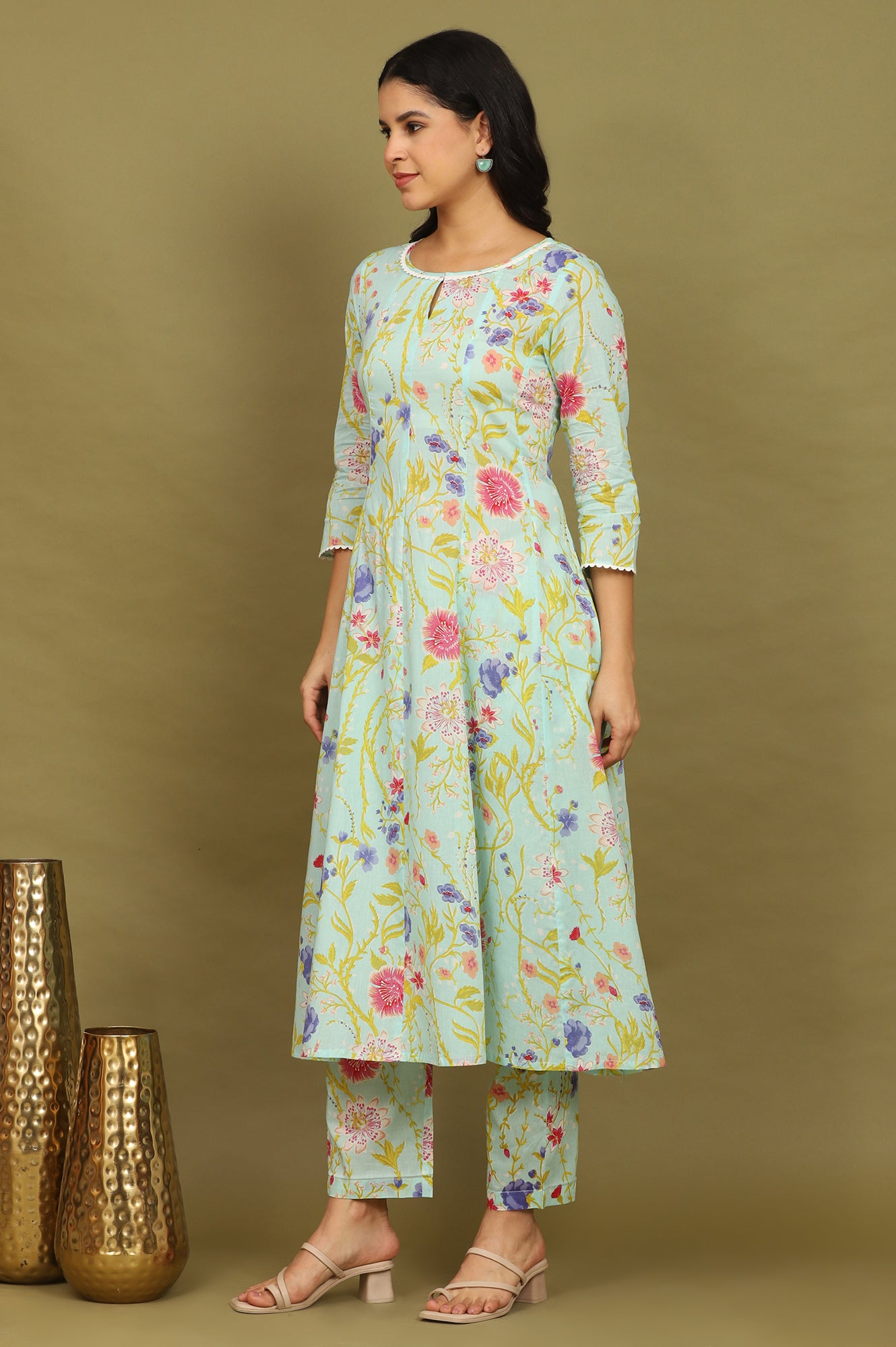 Light Turqoise Blue Floral Printed Pure Cotton Flared Kurta, Pants and Dupatta Set