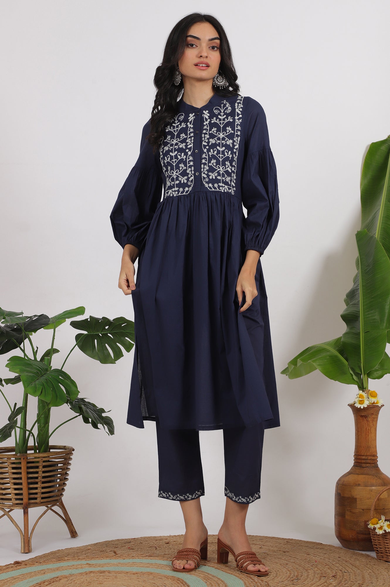 Navy Blue Embroidered Yoke Pure Cotton Kurta and Pants Co-ord Set