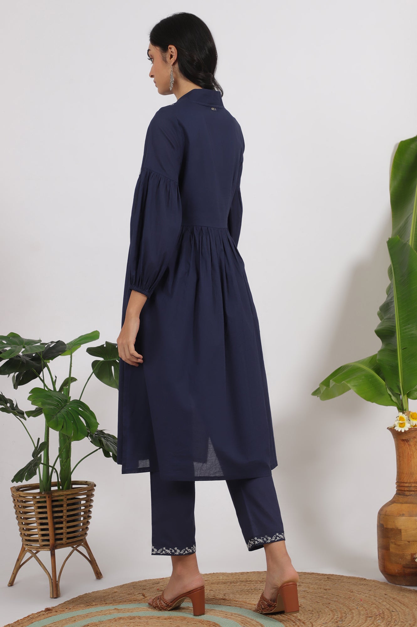 Navy Blue Embroidered Yoke Pure Cotton Kurta and Pants Co-ord Set