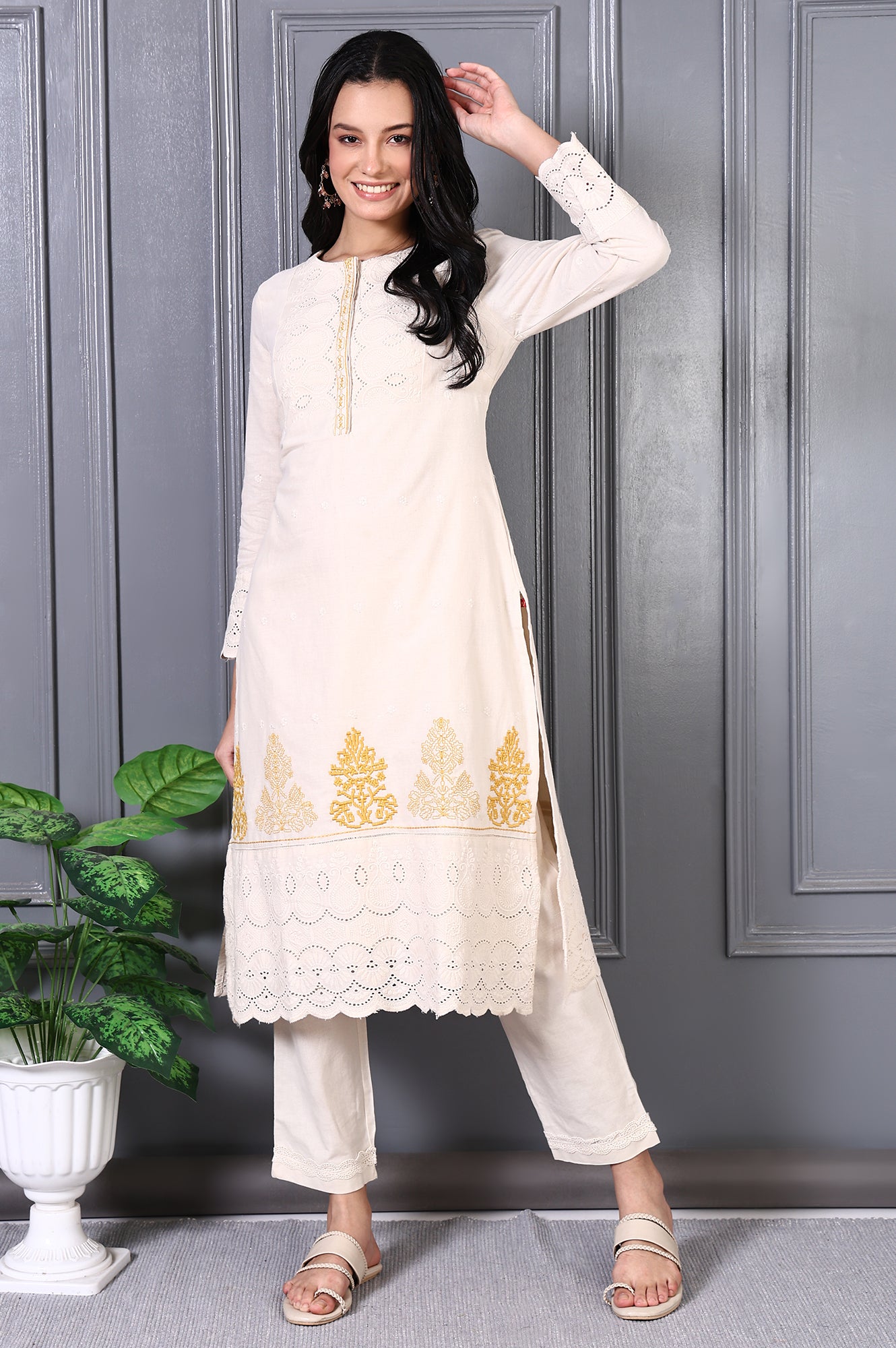 Off White Embroidered Cotton Flax Straight Kurta and Trousers Co-ord Set