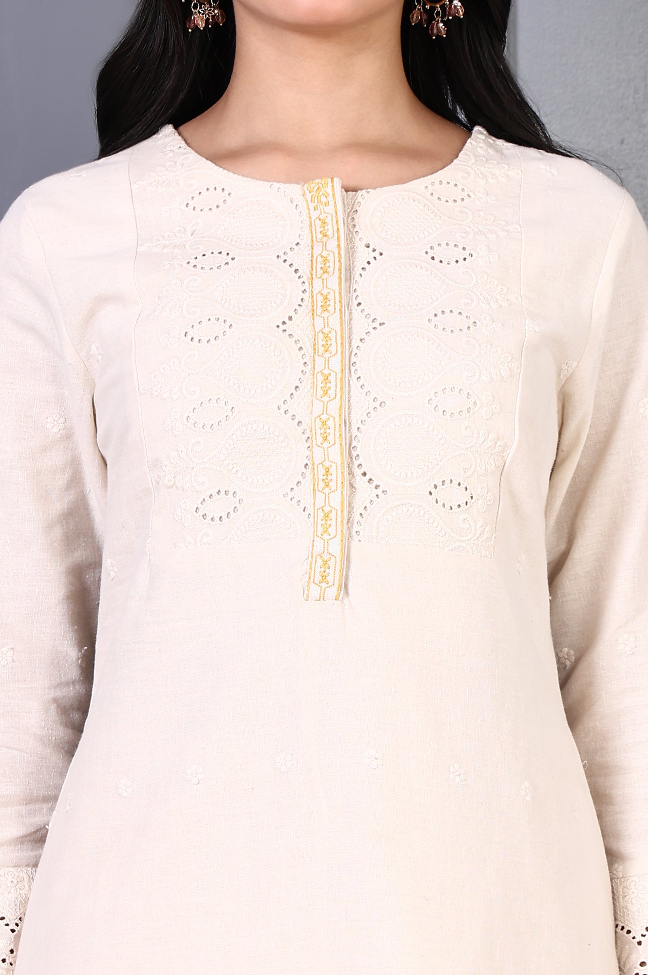 Off White Embroidered Cotton Flax Straight Kurta and Trousers Co-ord Set