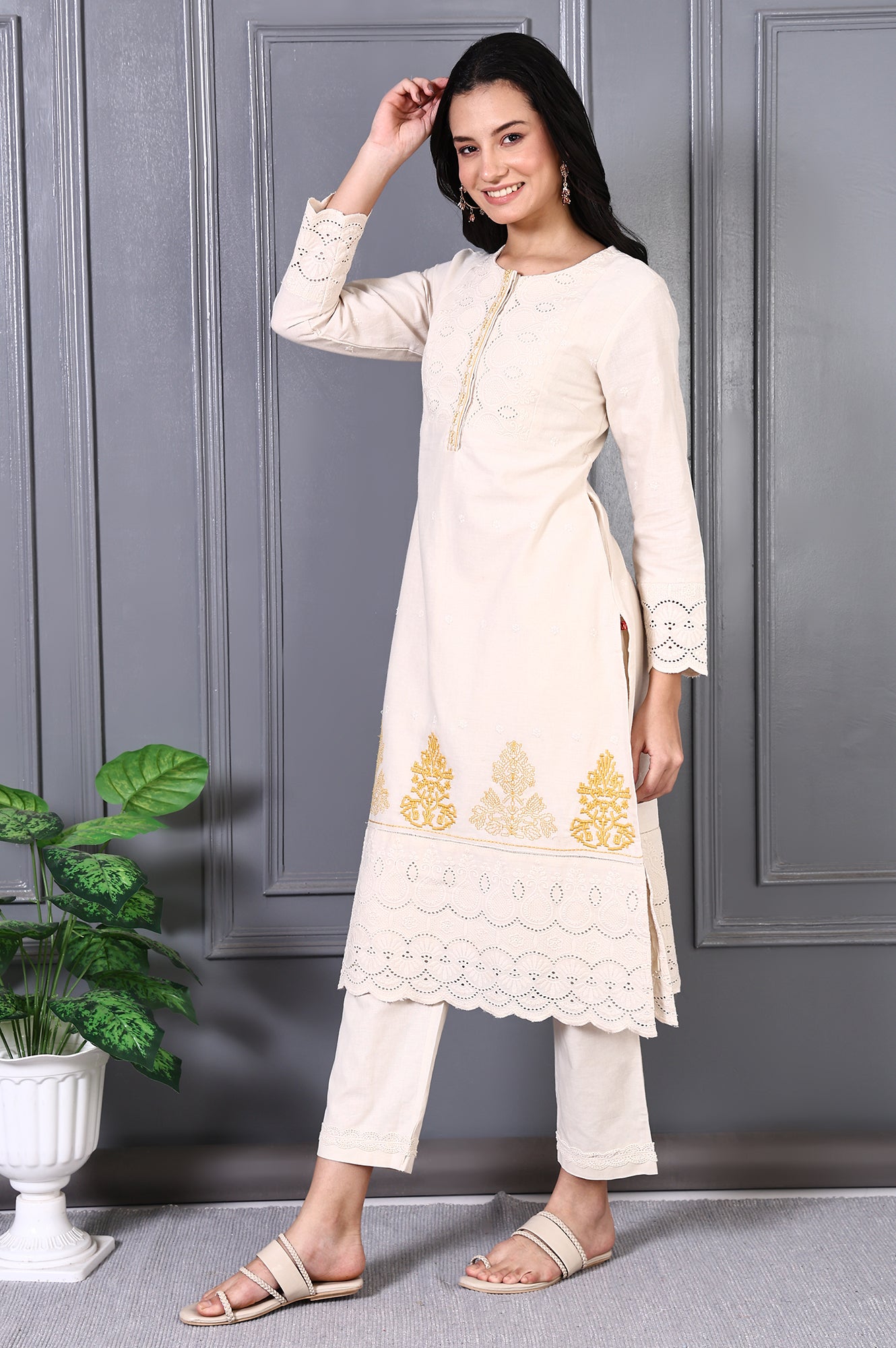 Off White Embroidered Cotton Flax Straight Kurta and Trousers Co-ord Set