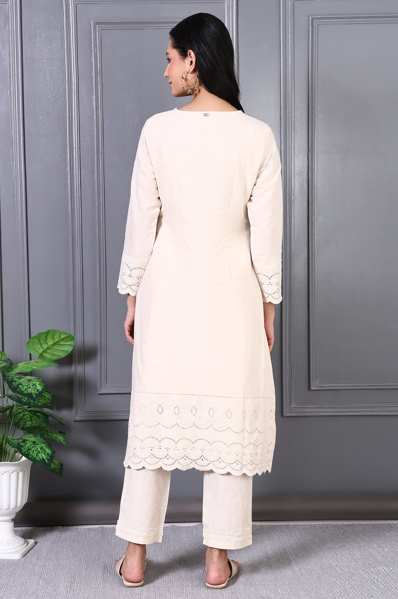 Off White Embroidered Cotton Flax Straight Kurta and Trousers Co-ord Set