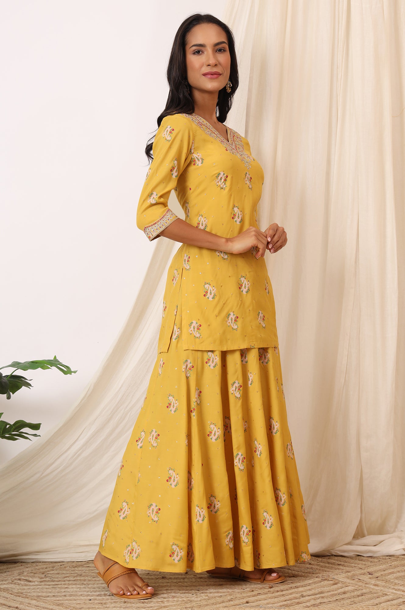 Mustard Yellow Printed Short Shantung Kurti, Culottes and Dupatta Set