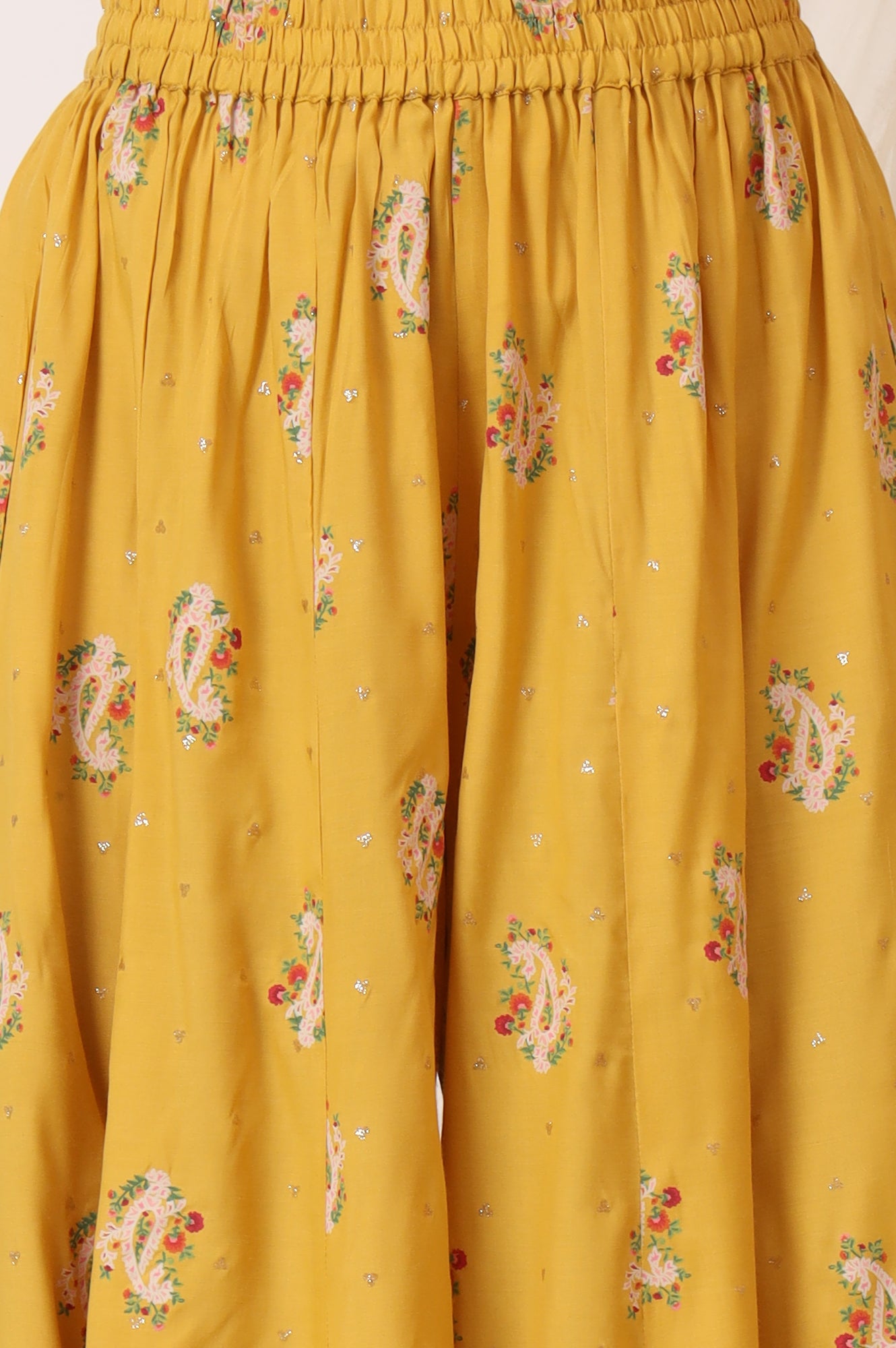 Mustard Yellow Printed Short Shantung Kurti, Culottes and Dupatta Set