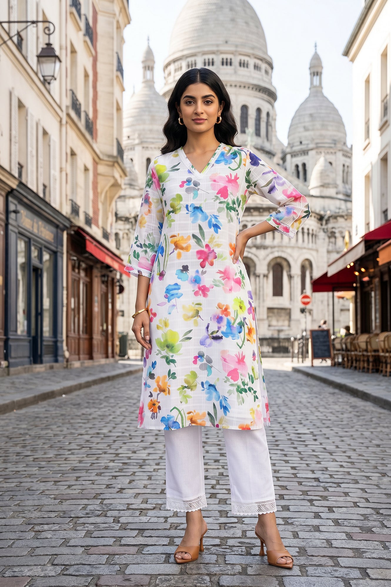 White Floral Printed Pure Cotton Straight Kurta And Pants Co-ord Set