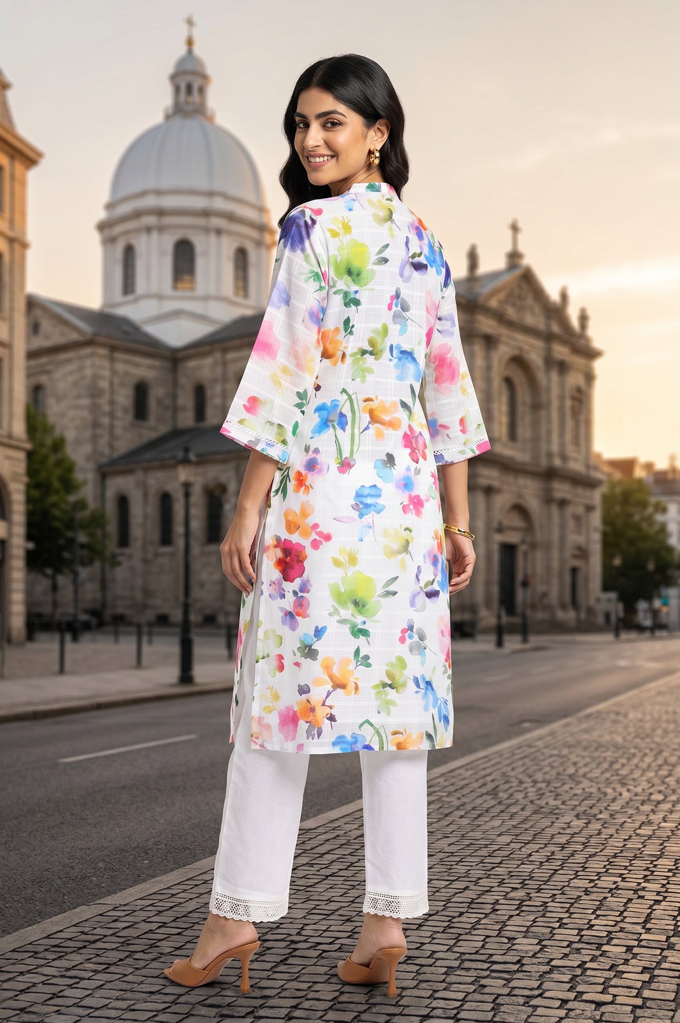 White Floral Printed Pure Cotton Straight Kurta And Pants Co-ord Set
