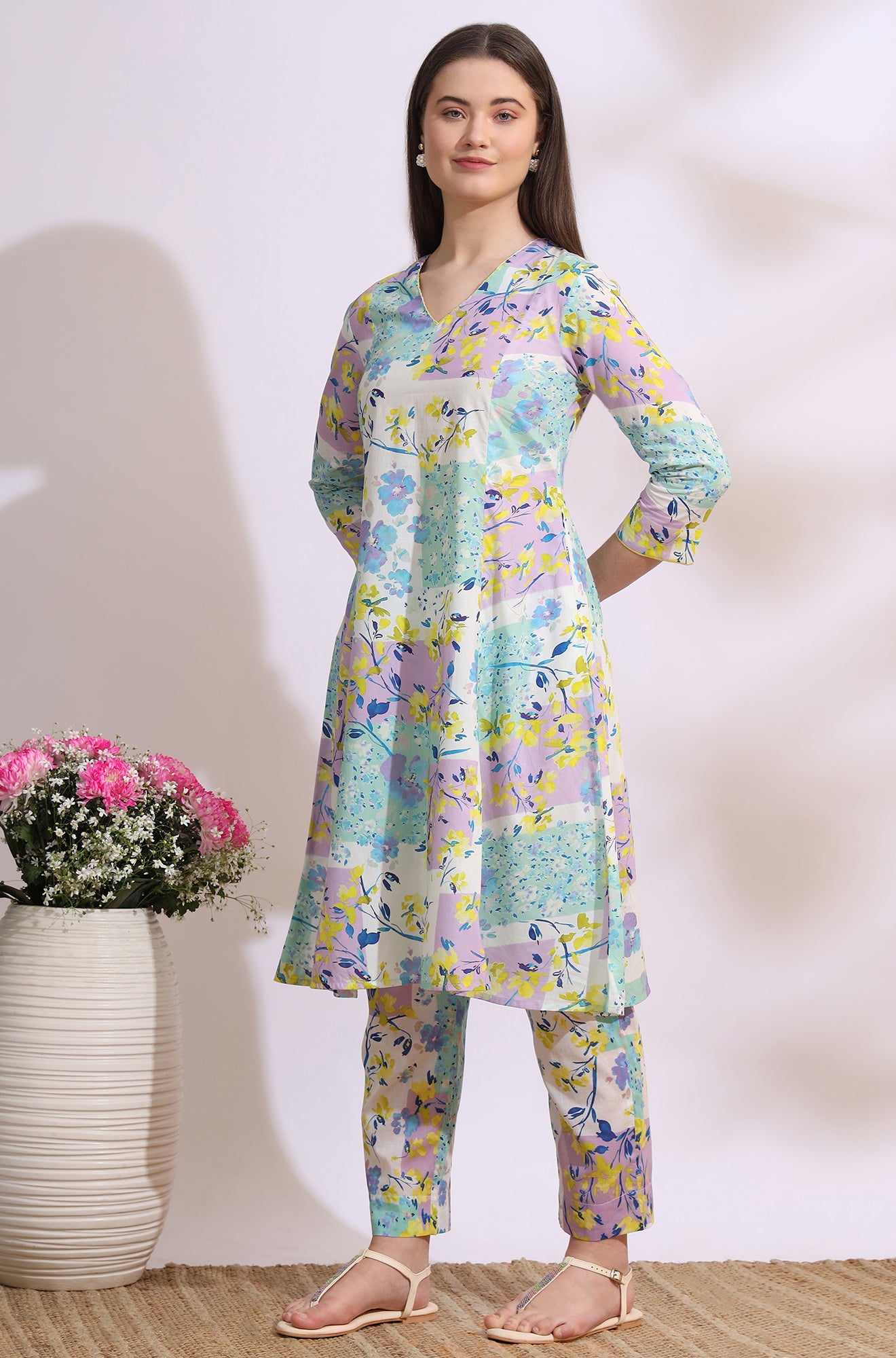 White Floral Printed Flared Pure Cotton Kurta and Pants Co-ord Set