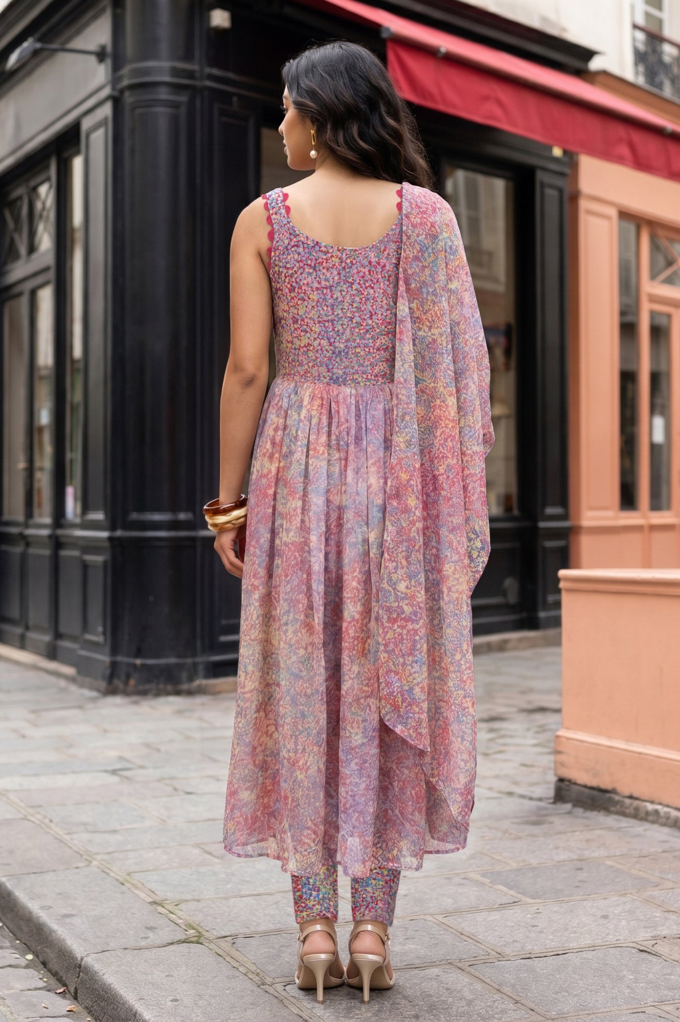 Multicolor Abstract Printed Georgette Flared Kurta With Pants And Dupatta Set