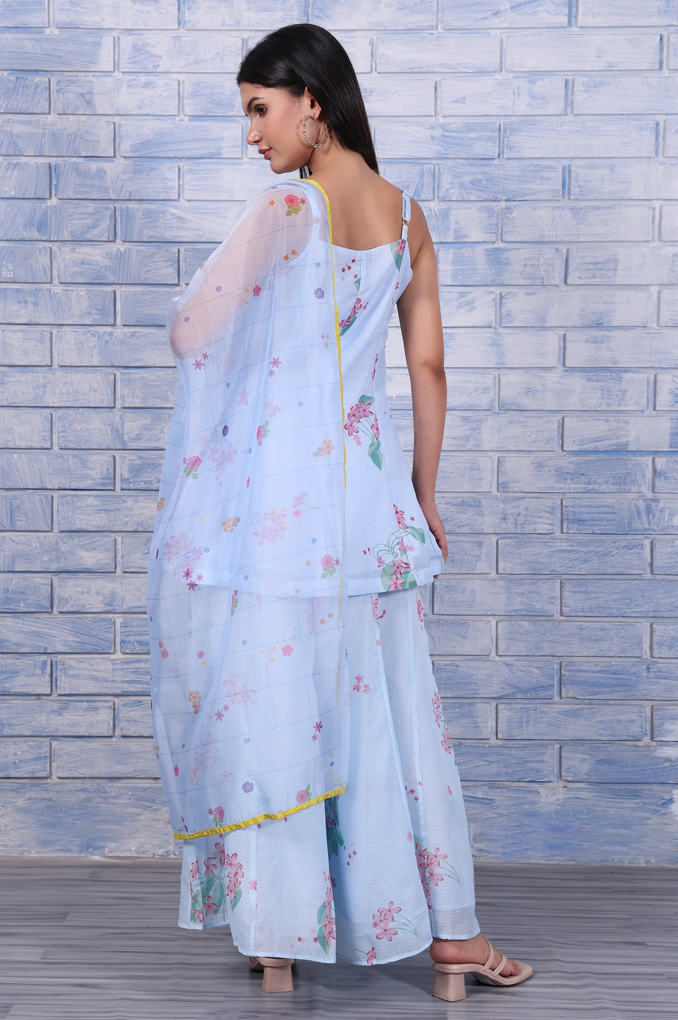 Blue Floral Printed Thread Embroidered Kota Flared Kurta, Flared Pant And Dupatta Set