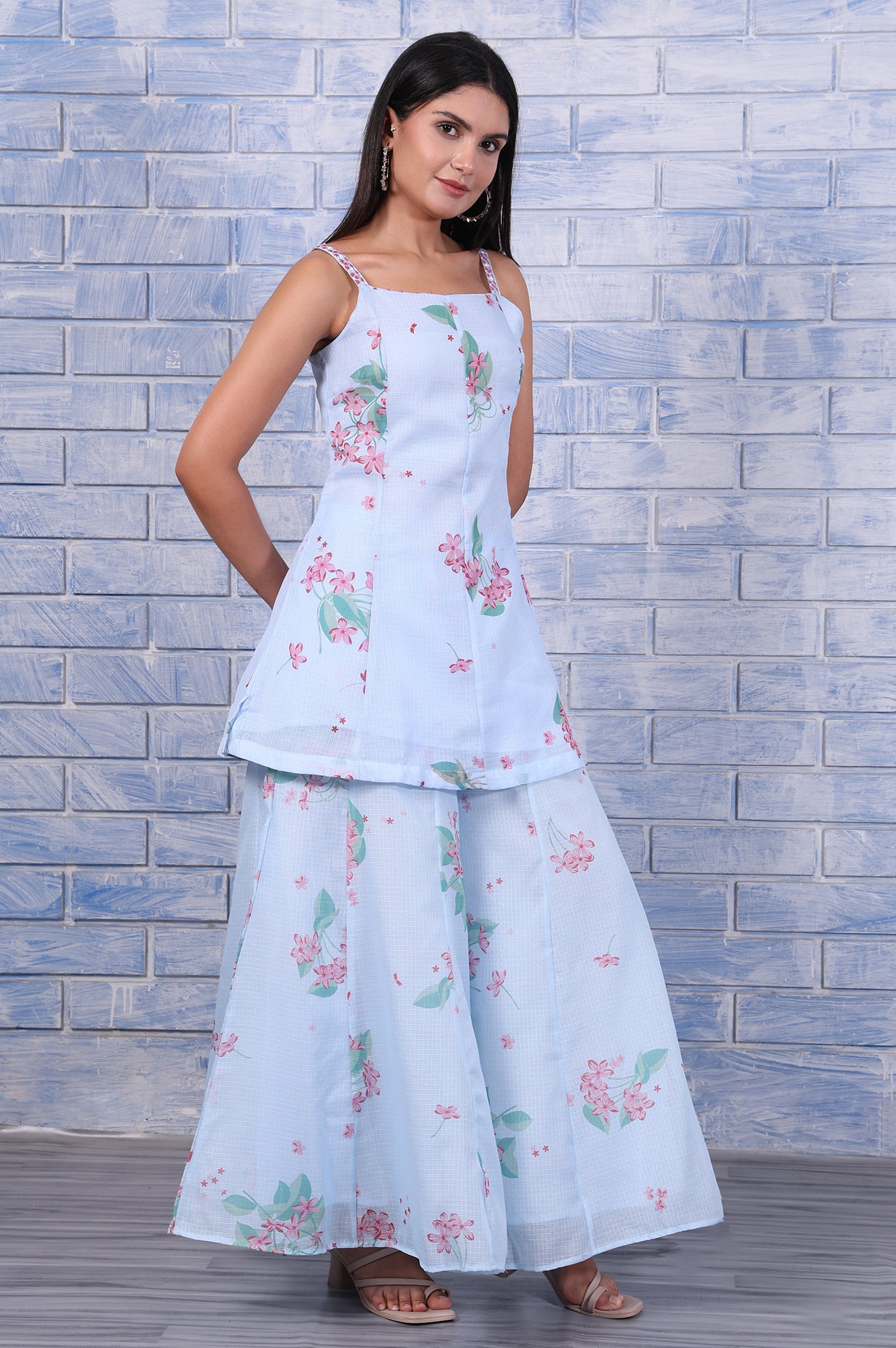 Blue Floral Printed Thread Embroidered Kota Flared Kurta, Flared Pant And Dupatta Set