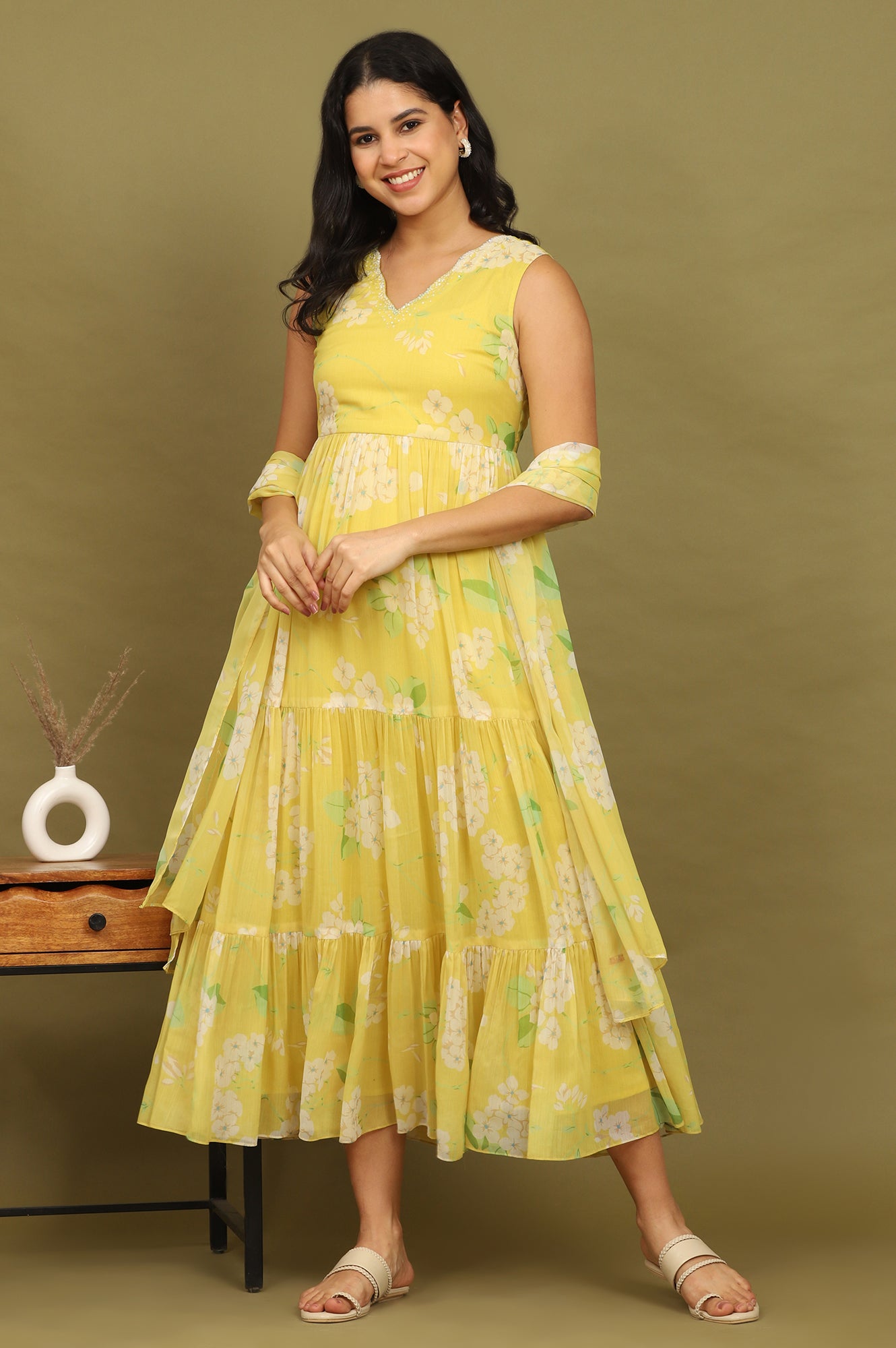 Yellow Floral Printed Tiered Dress and Dupatta Set