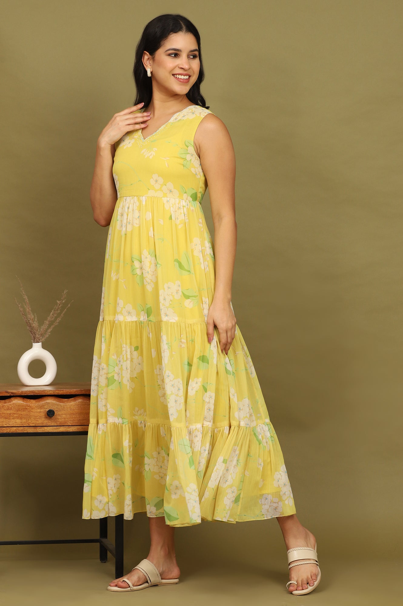 Yellow Floral Printed Tiered Dress and Dupatta Set
