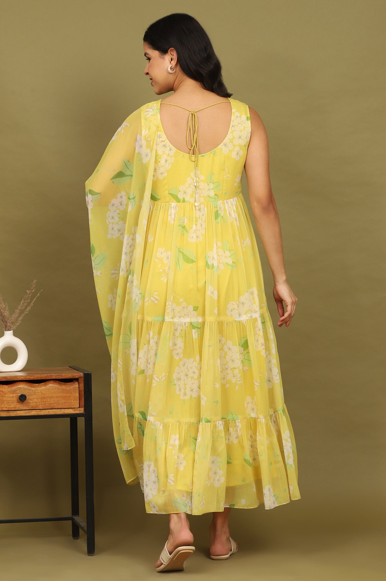 Yellow Floral Printed Tiered Dress and Dupatta Set