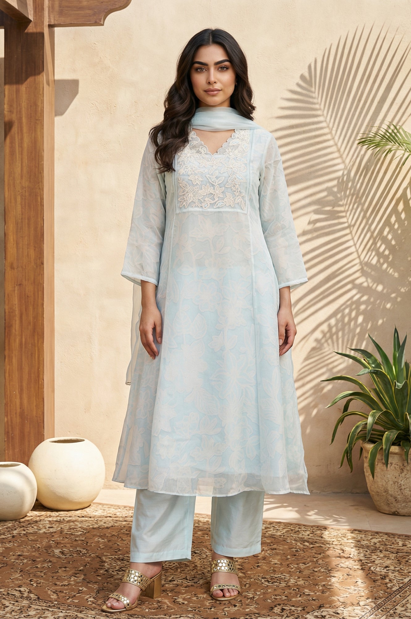 Light Blue Floral Embroidered Organza A-line Kurta with Straight Pants and Dupatta Set