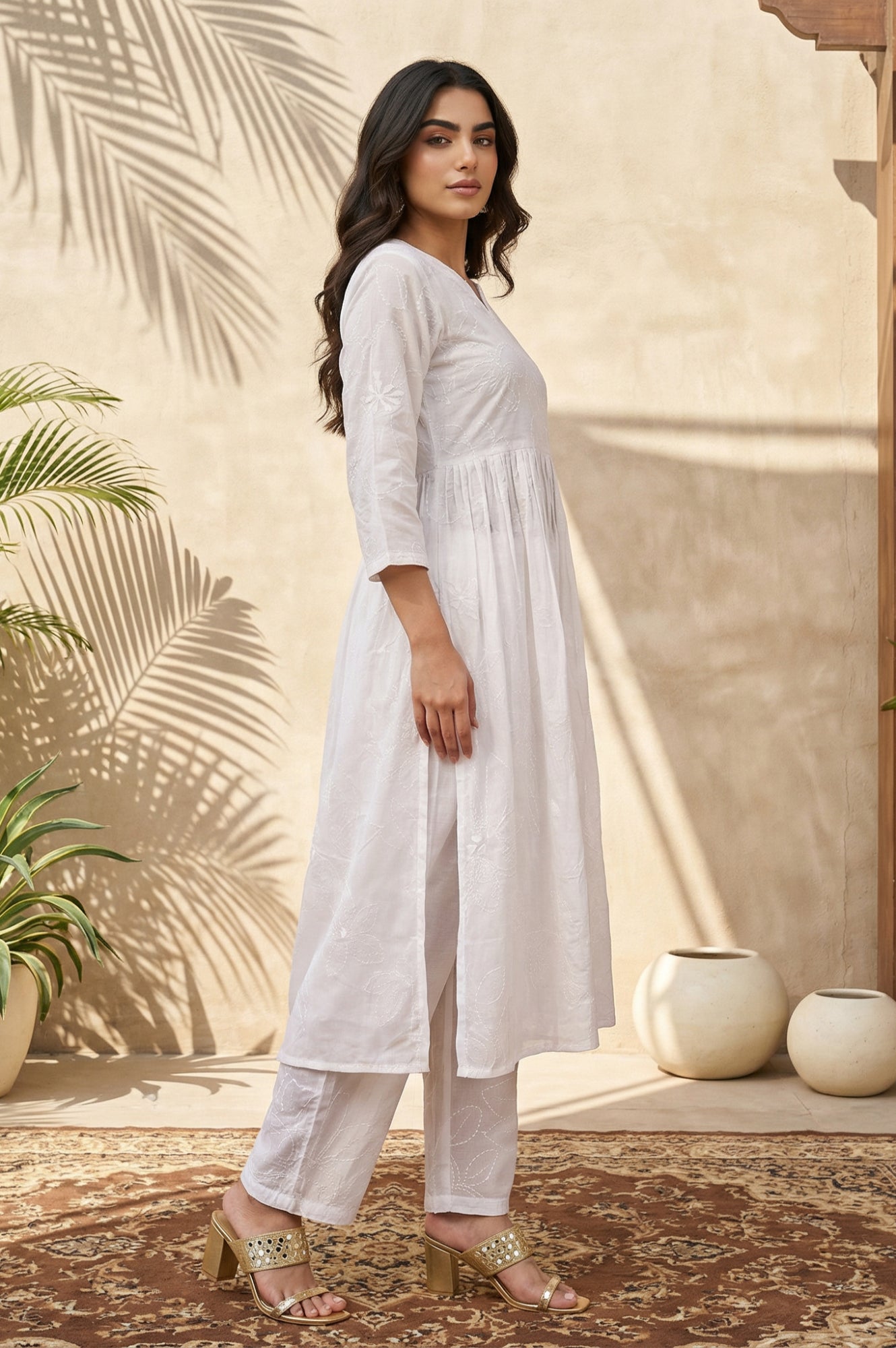 White Chikankari Pure Cotton Flared Kurta with Parallel Pant Set