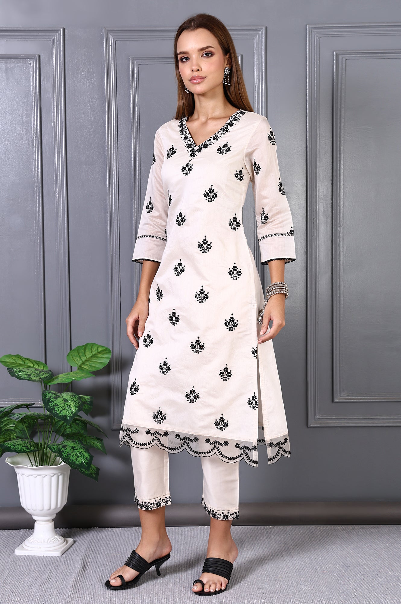 Cream Mirror Embroidered Chanderi Straight Kurta, Pants and Dupatta Set