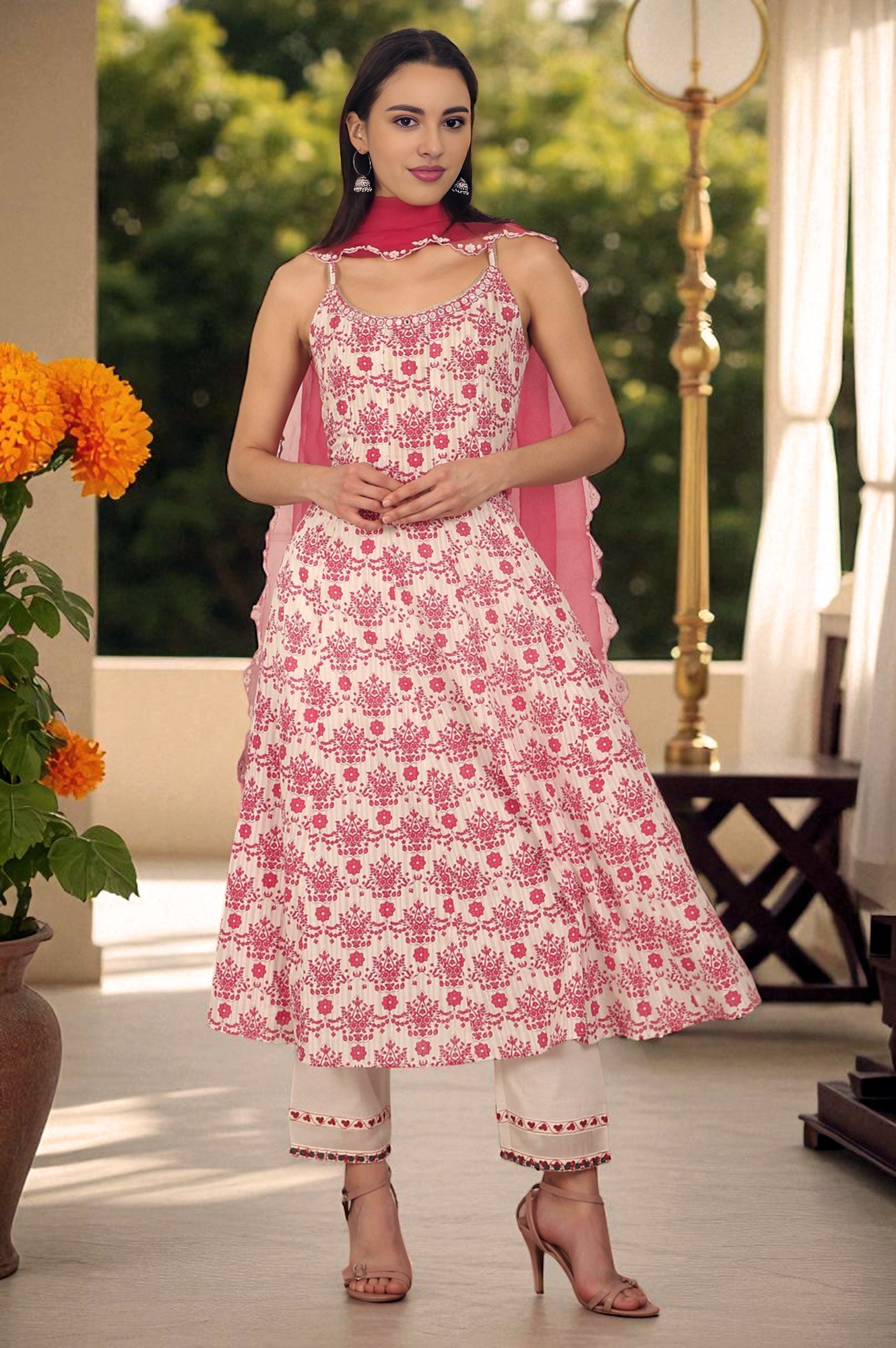 White and Pink Printed Cotton Lurex Anarkali Spaghetti Kurta, Pants and Dupatta Set